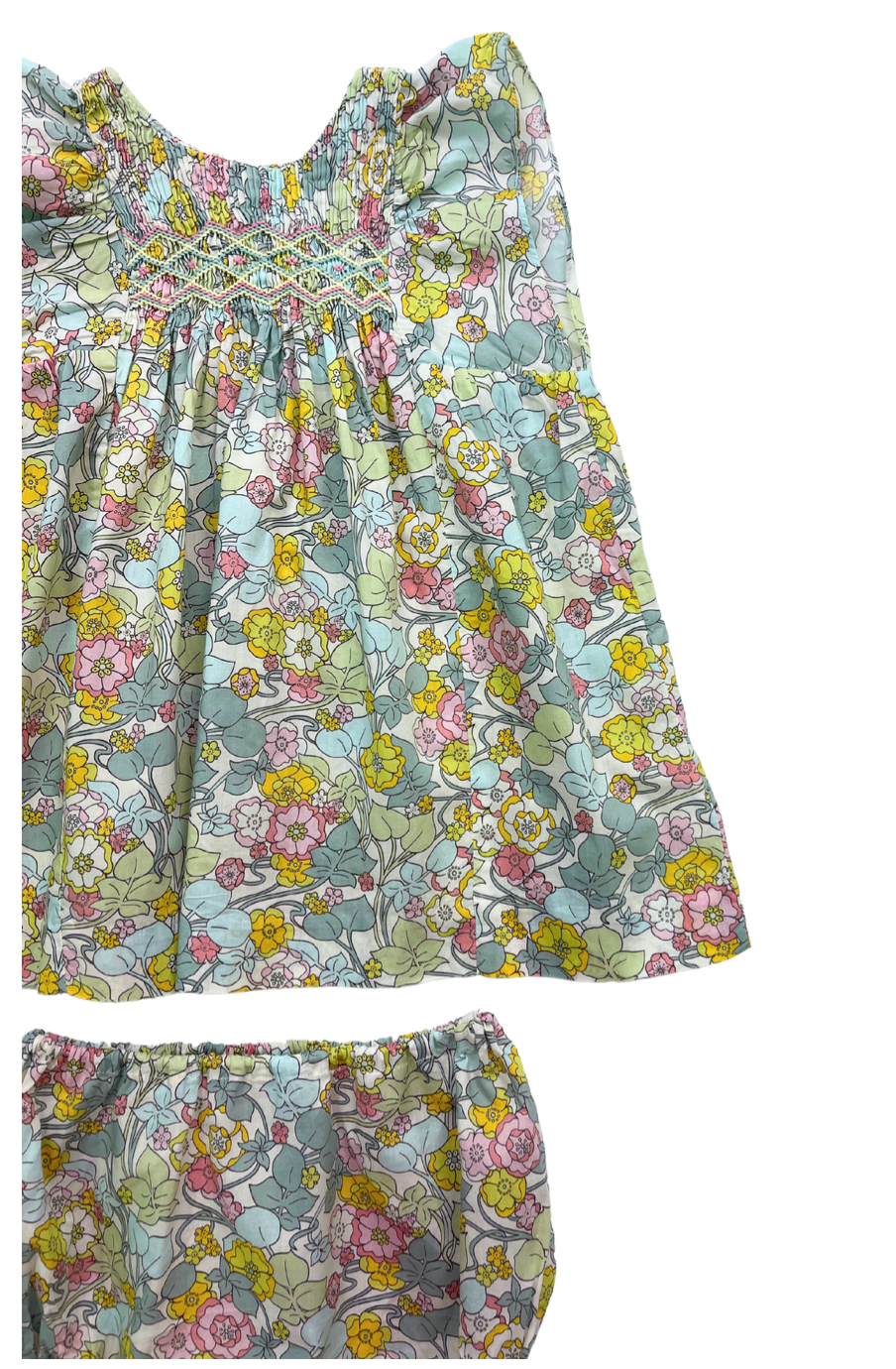 BONPOINT - Ensemble robe verte à fleurs et bloomer - 12 mois