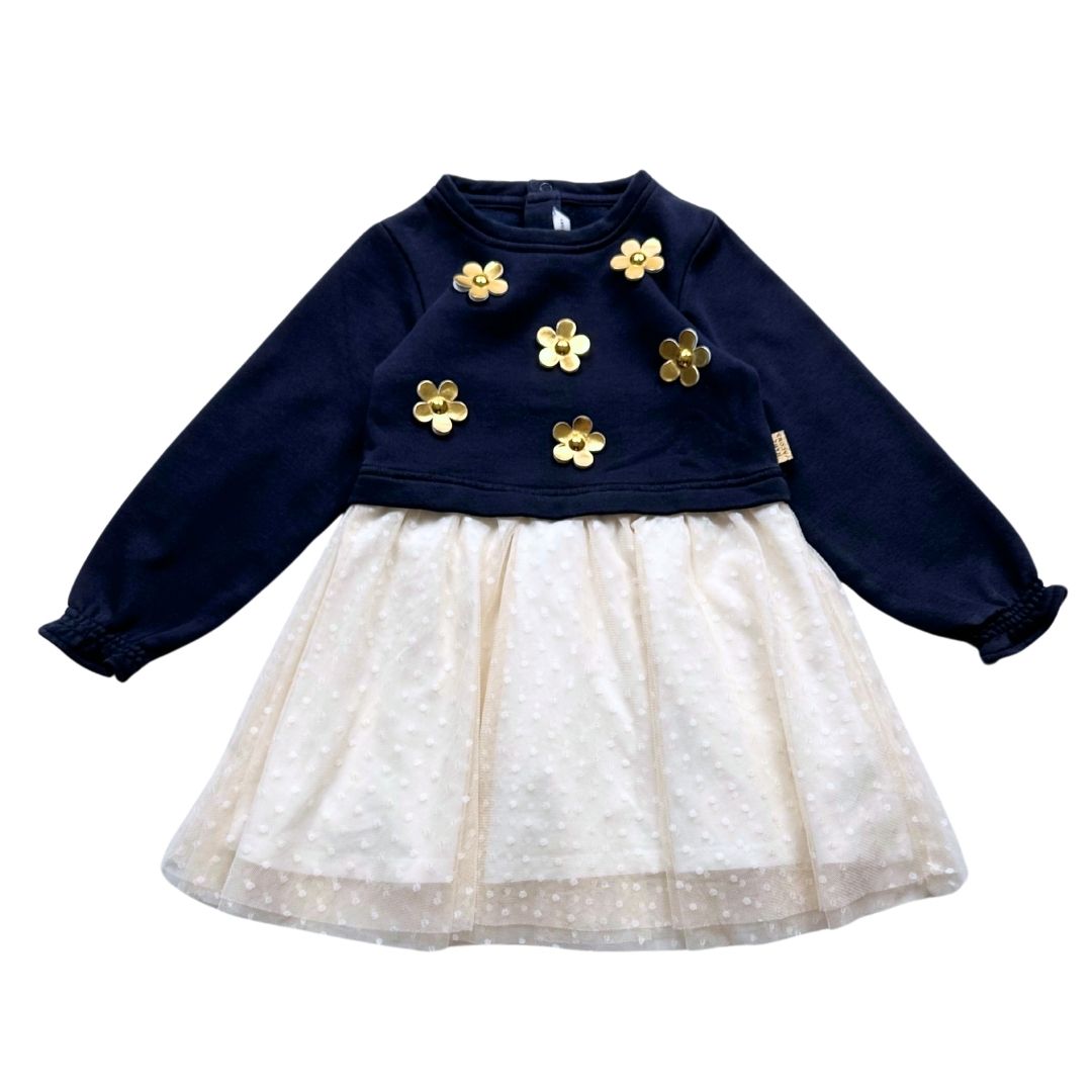 LITTLE MARC JACONS - Robe bleu marine avec fleurs dorés et tulle crème - 3 ans