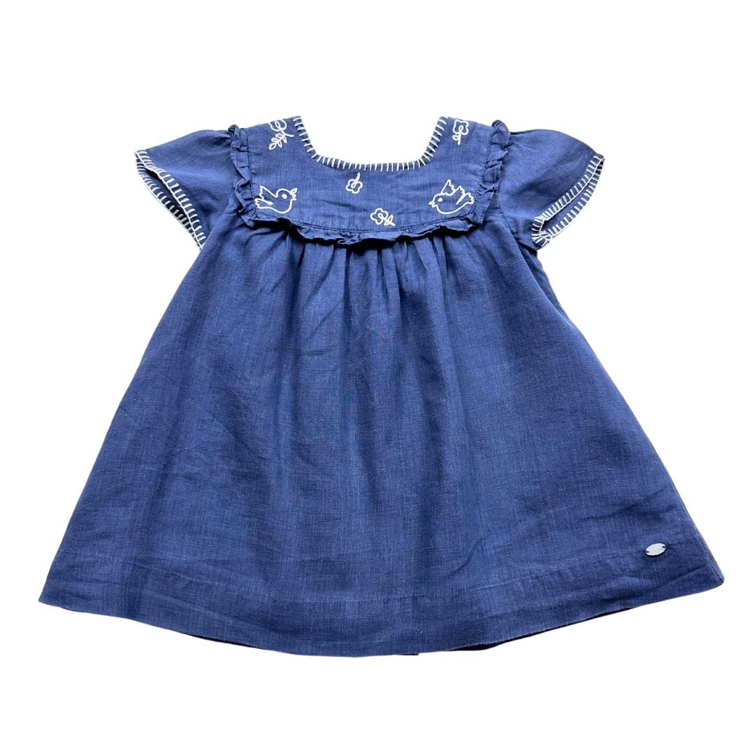 TARTINE & CHOCOLAT - Robe bleu et broderies blanches en lin - 2 ans