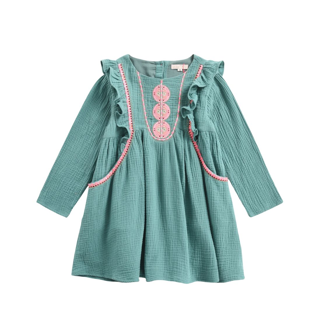 LOUISE MISHA - Robe verte manches longues à broderies - 4 ans