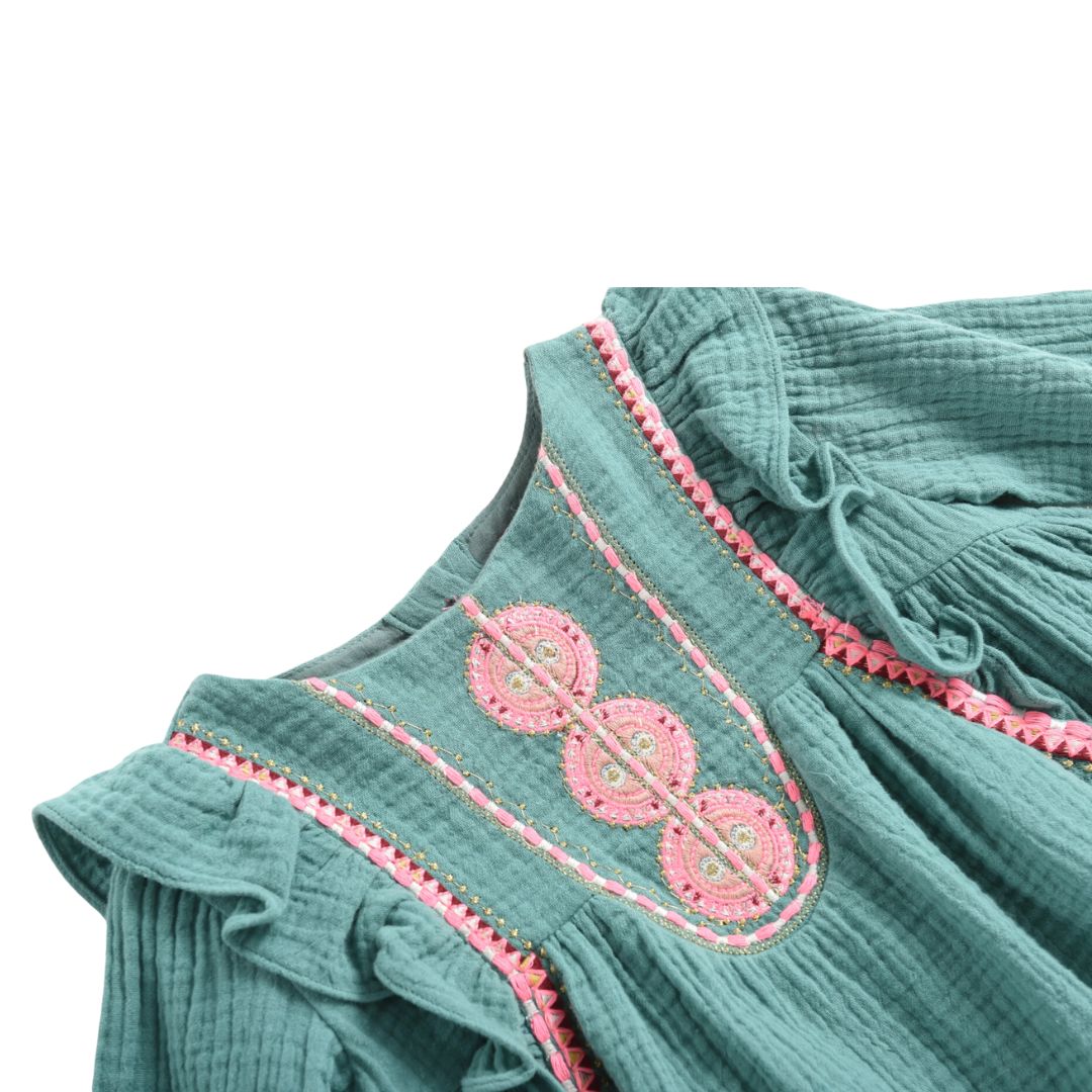 LOUISE MISHA - Robe verte manches longues à broderies - 4 ans