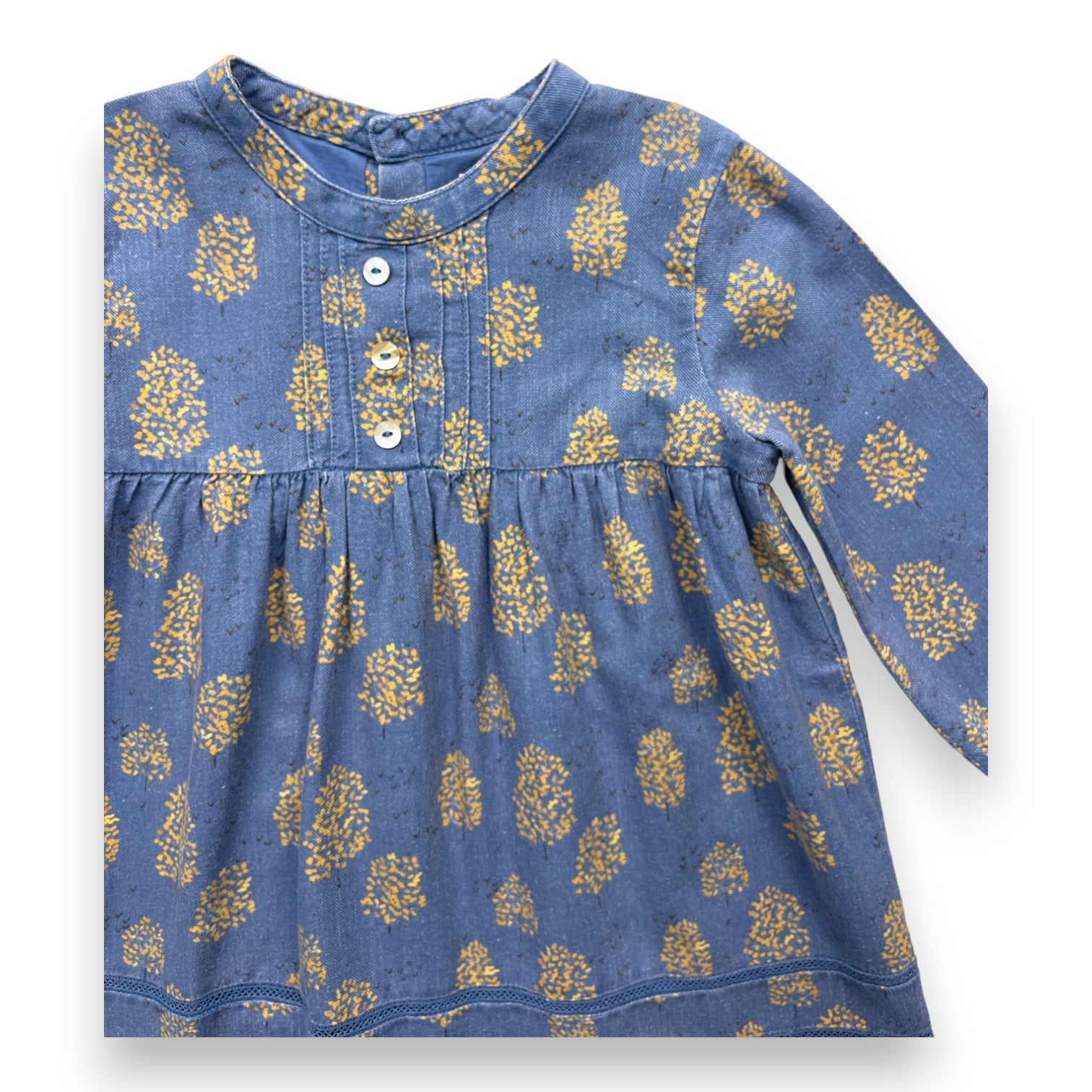 BONNET À POMPON - Robe bleue motifs arbres jaunes - 2 ans