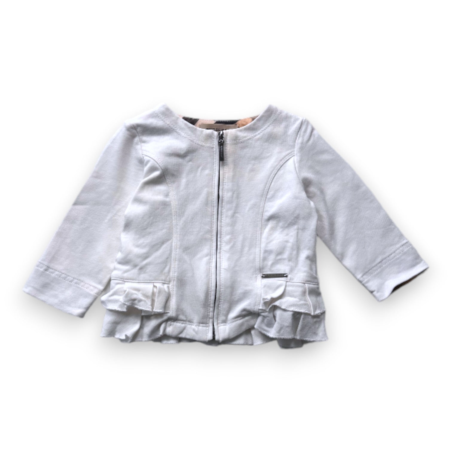 BURBERRY - Gilet blanc zippé avec volants - 6 mois