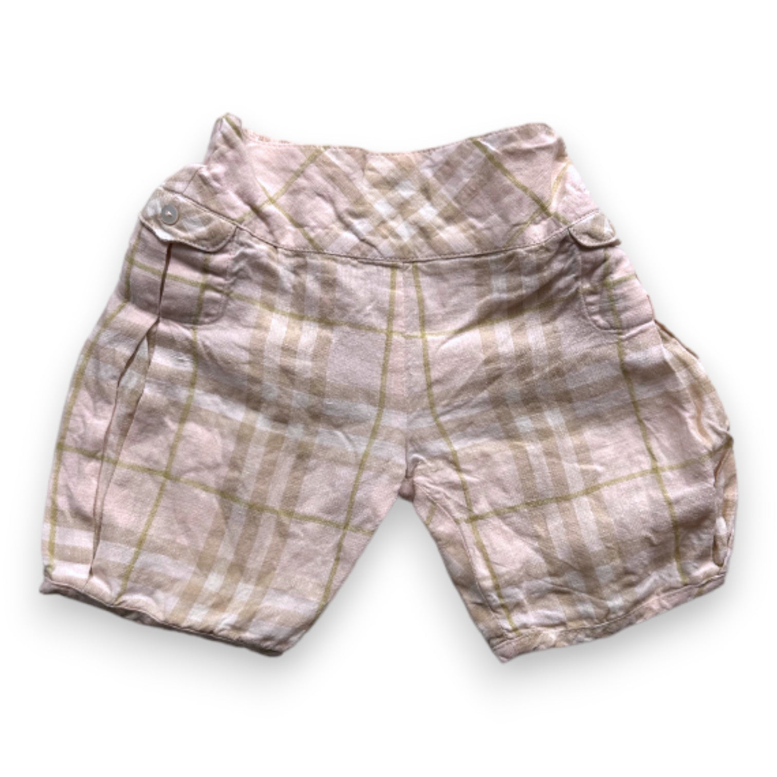 BURBERRY - Short en lin imprimé check Burberry rose et vert - 6 mois