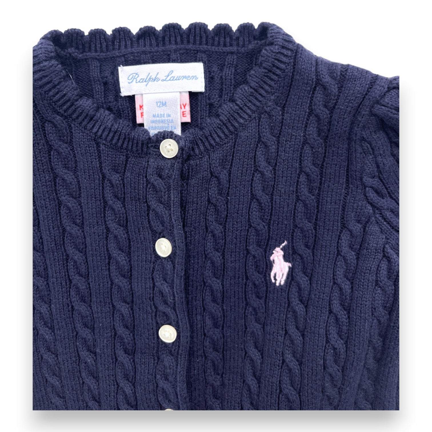 RALPH LAUREN - Cardigan bleu marine torsadé - 12 mois