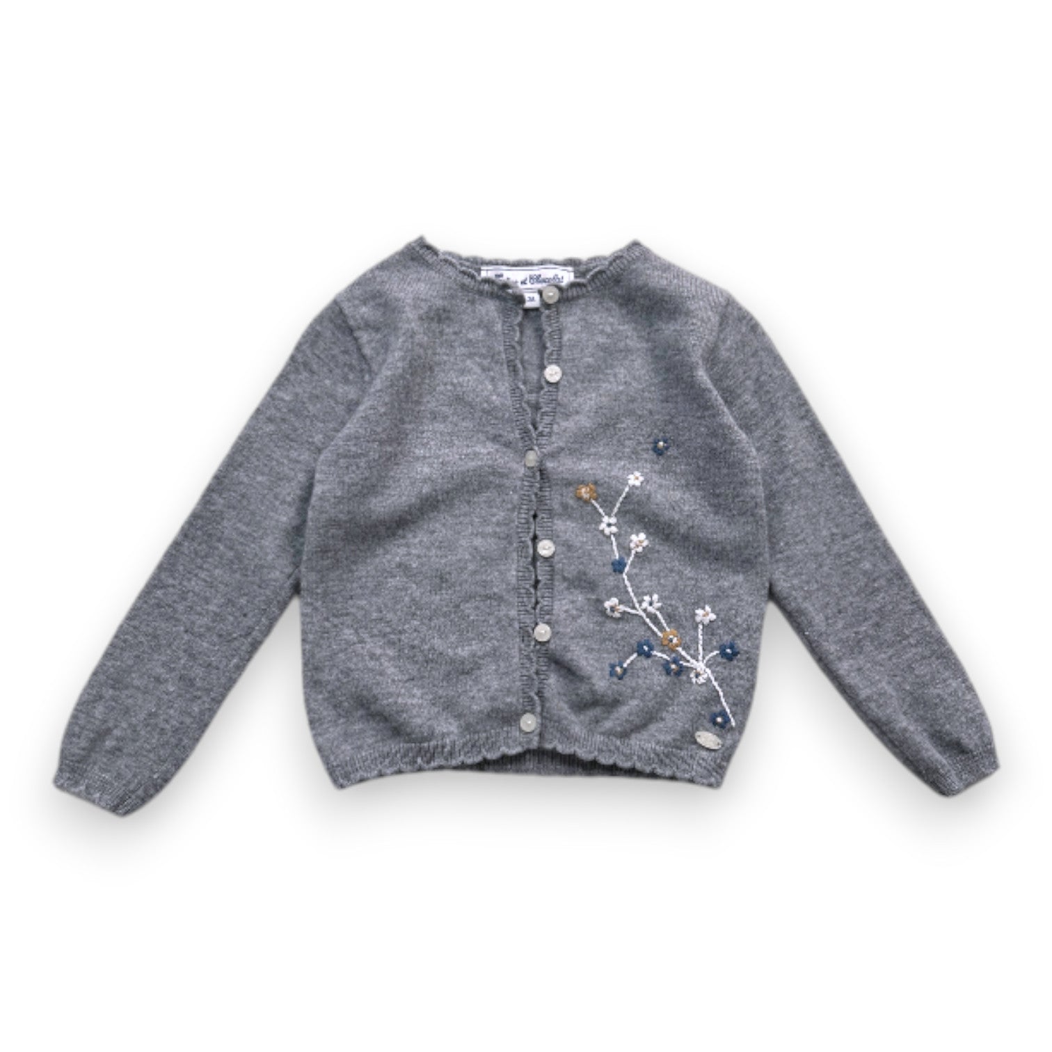 TARTINE ET CHOCOLAT - cardigan gris en laine à fleurs brodées - 2 ans