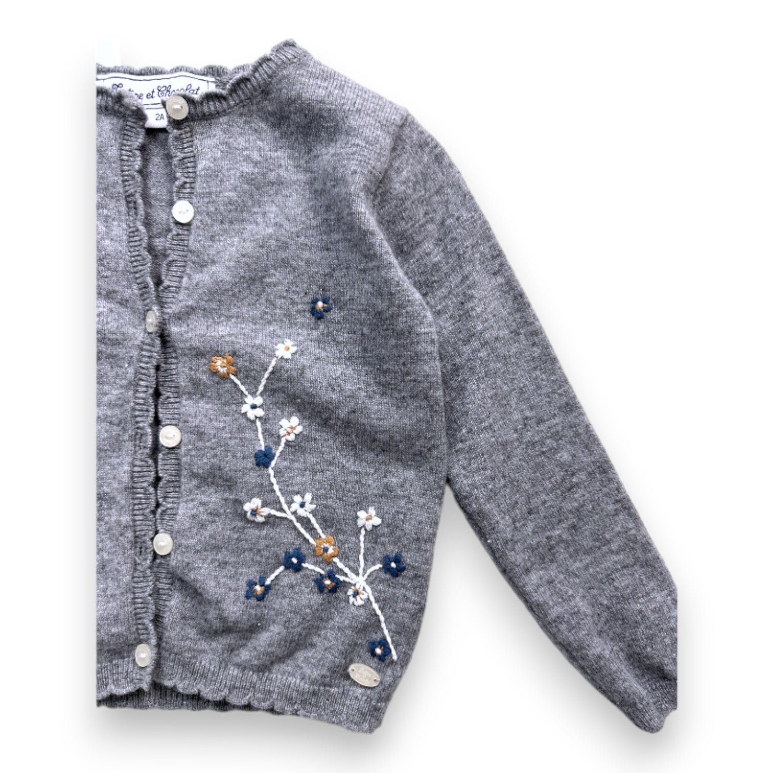 TARTINE ET CHOCOLAT - cardigan gris en laine à fleurs brodées - 2 ans