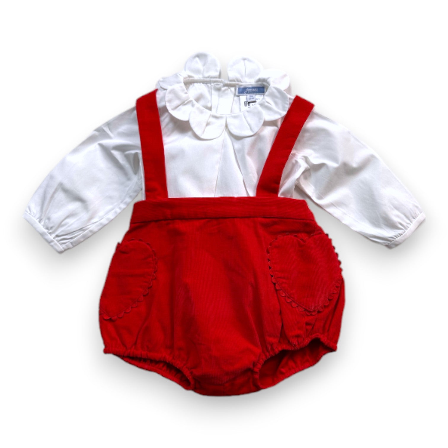 JACADI - Ensemble salopette rouge avec blouse blanche - 6 mois