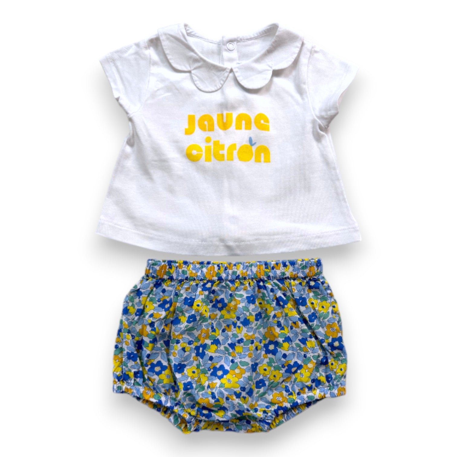 JACADI - Ensemble t-shirt blanc avec imprimé jaune et bloomer à fleurs - 3 mois
