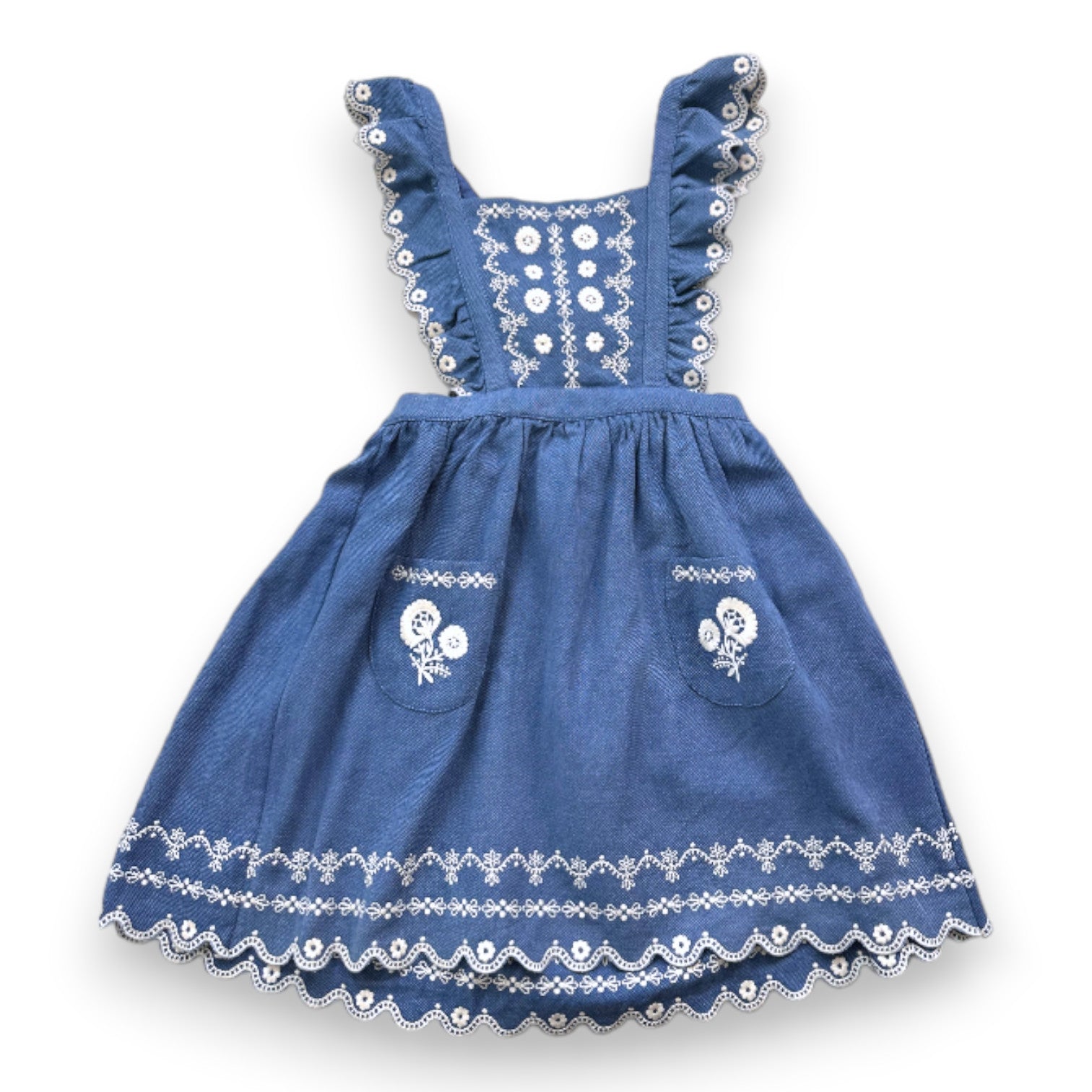 LOUISE MISHA - Robe tablier bleue dentelle blanche - 8 ans