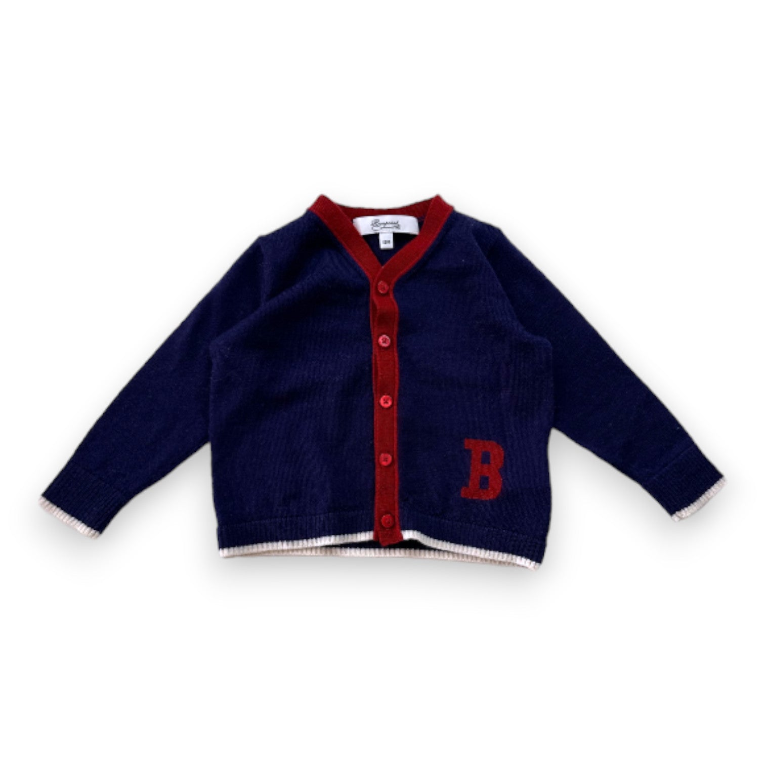 BONPOINT - Cardigan en laine bleu marine et rouge - 12 mois