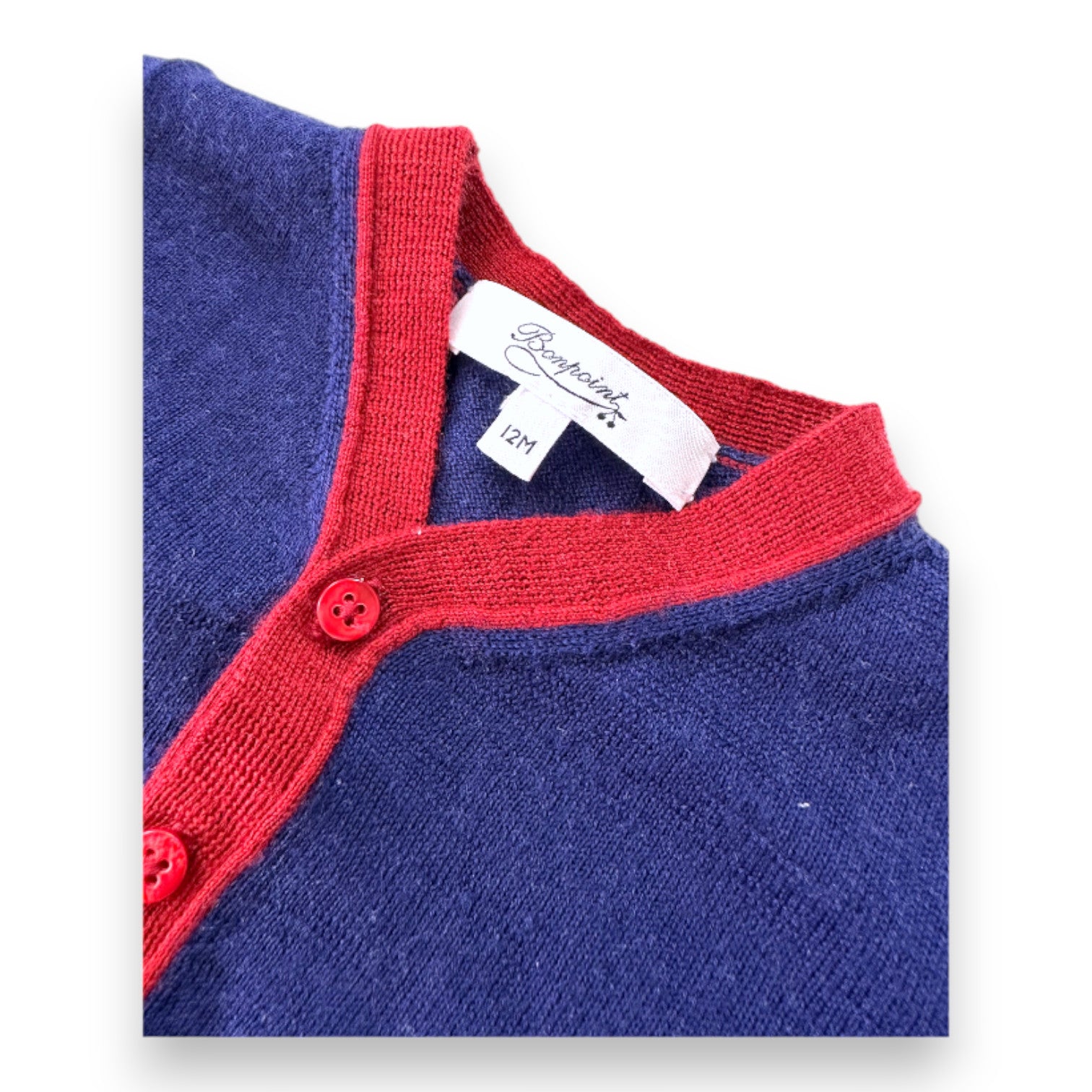 BONPOINT - Cardigan en laine bleu marine et rouge - 12 mois