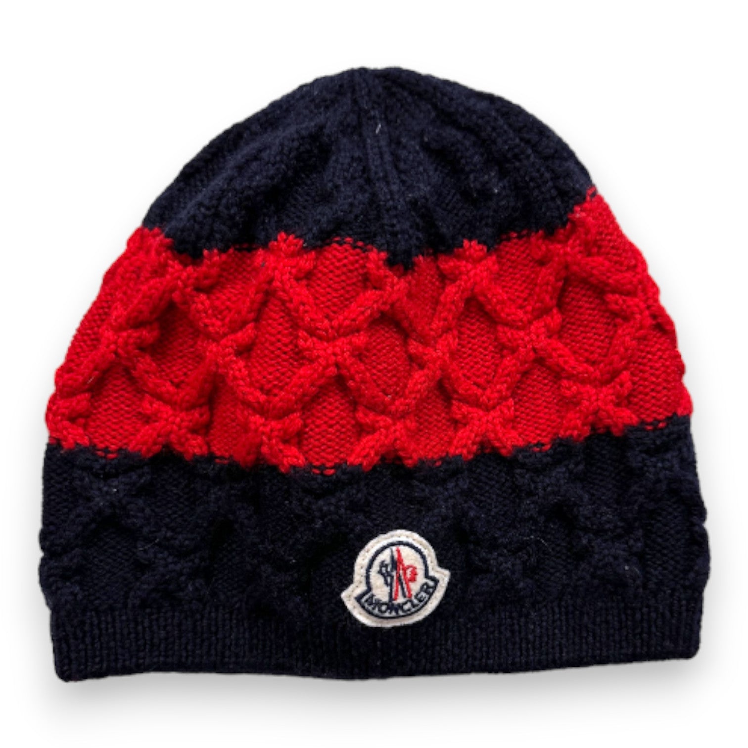 MONCLER - Bonnet en maille bleu et rouge - 6 mois