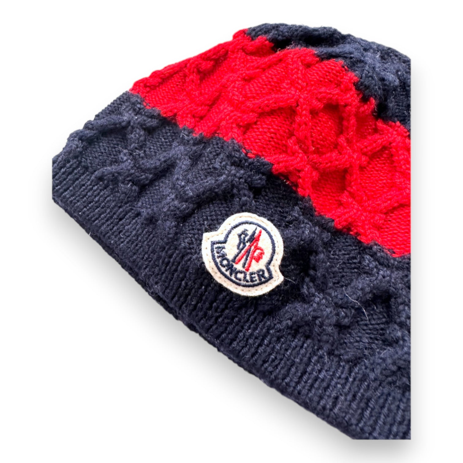 MONCLER - Bonnet en maille bleu et rouge - 6 mois