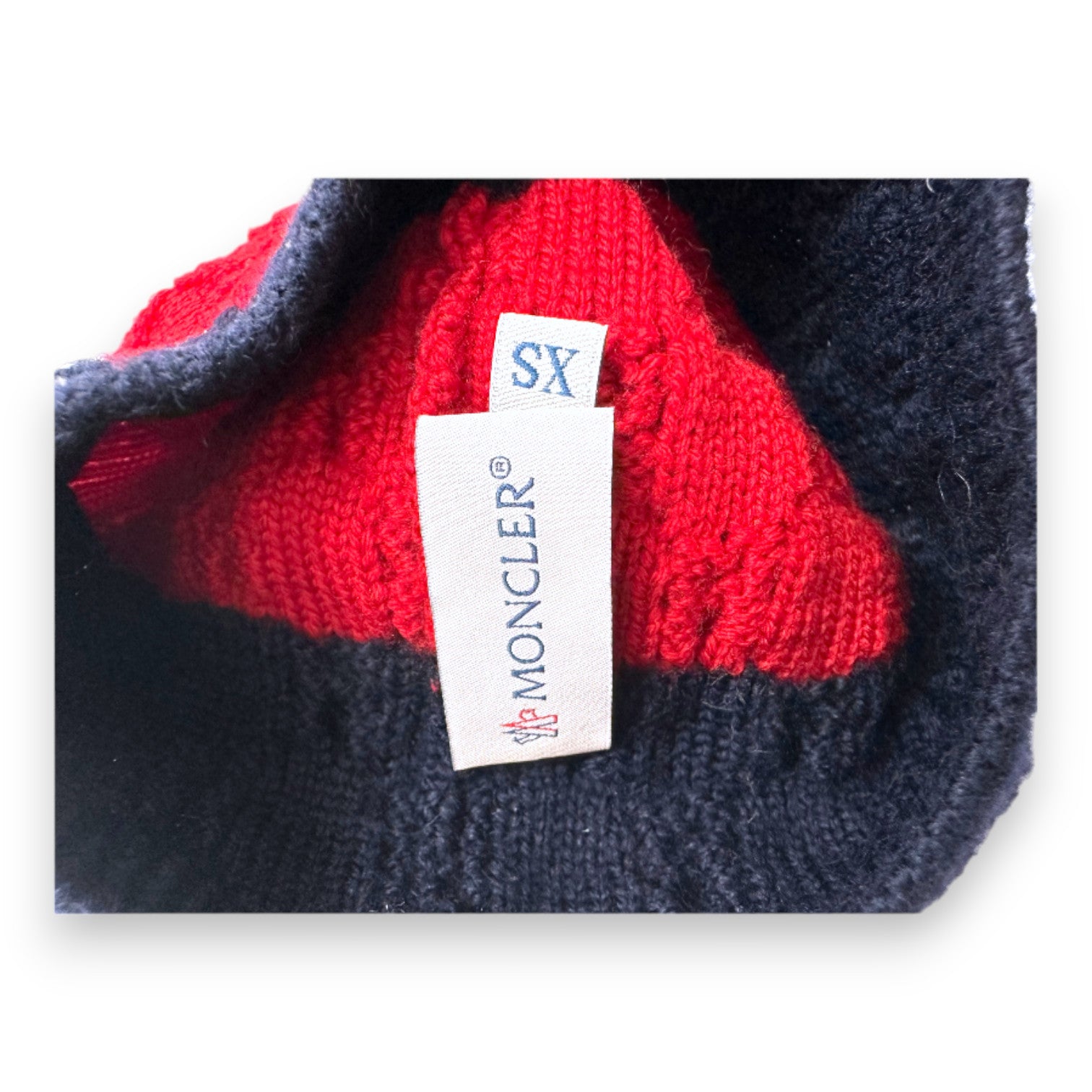 MONCLER - Bonnet en maille bleu et rouge - 6 mois