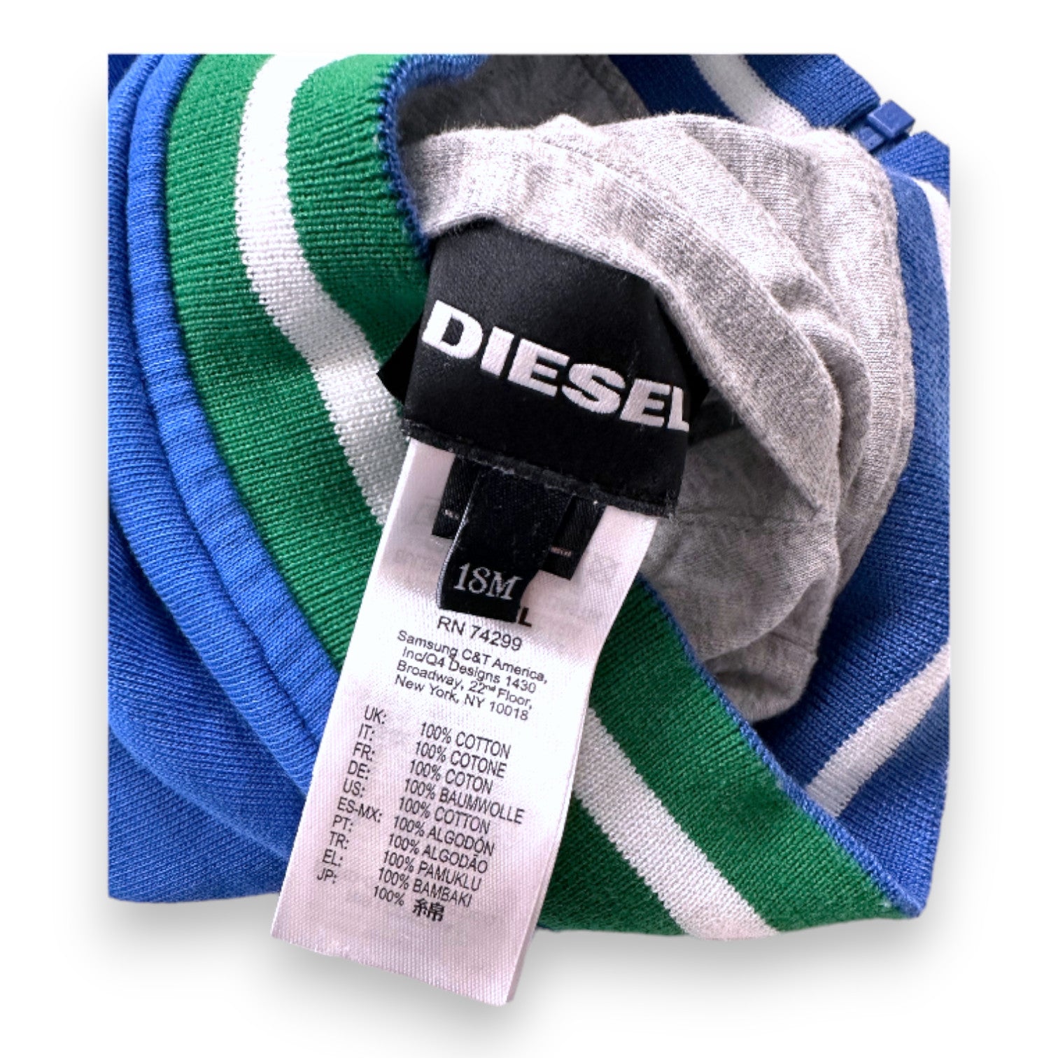 DIESEL - Veste teddy réversible bleu blanche et verte avec imprimé dans le dos - 18 mois