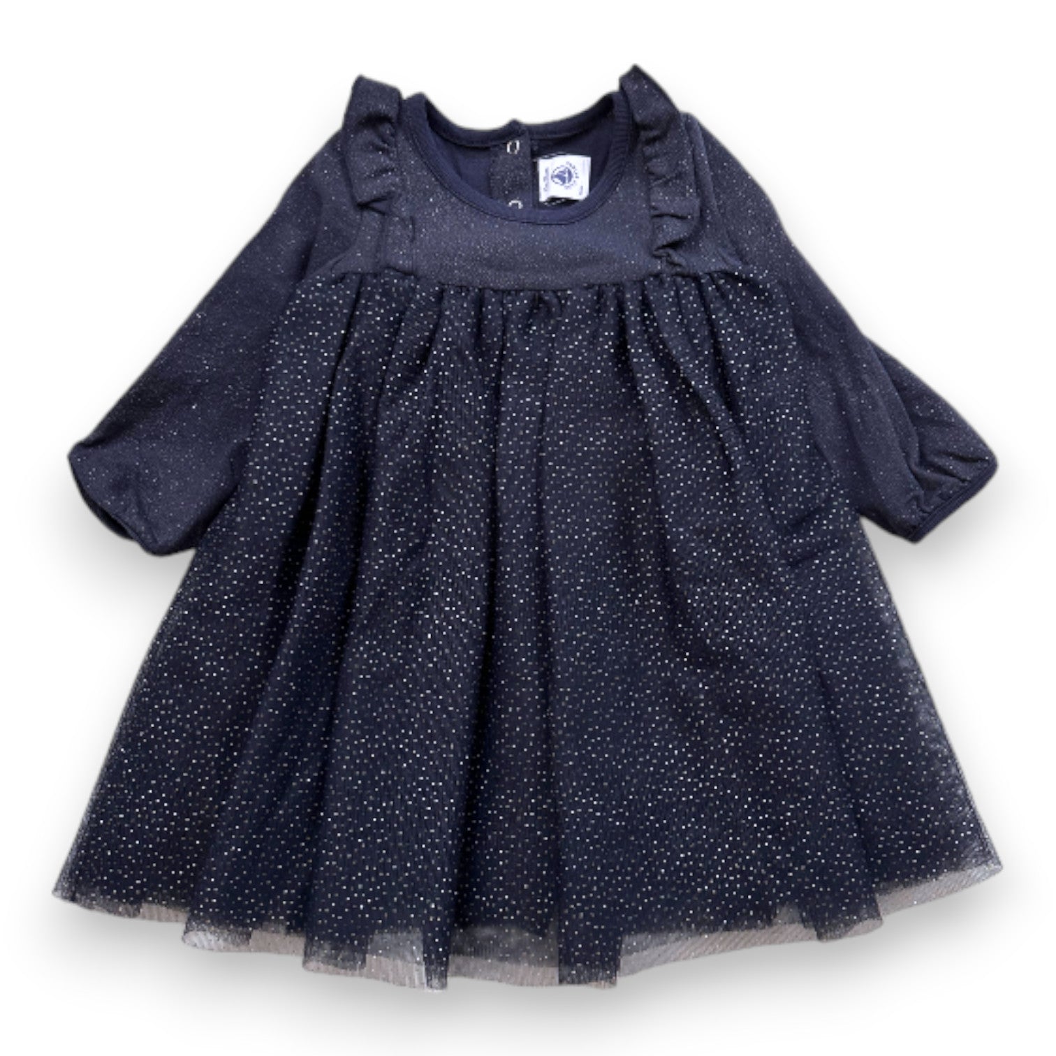 PETIT BATEAU - Robe bleu marine avec tulle et pois dorés - 12 mois