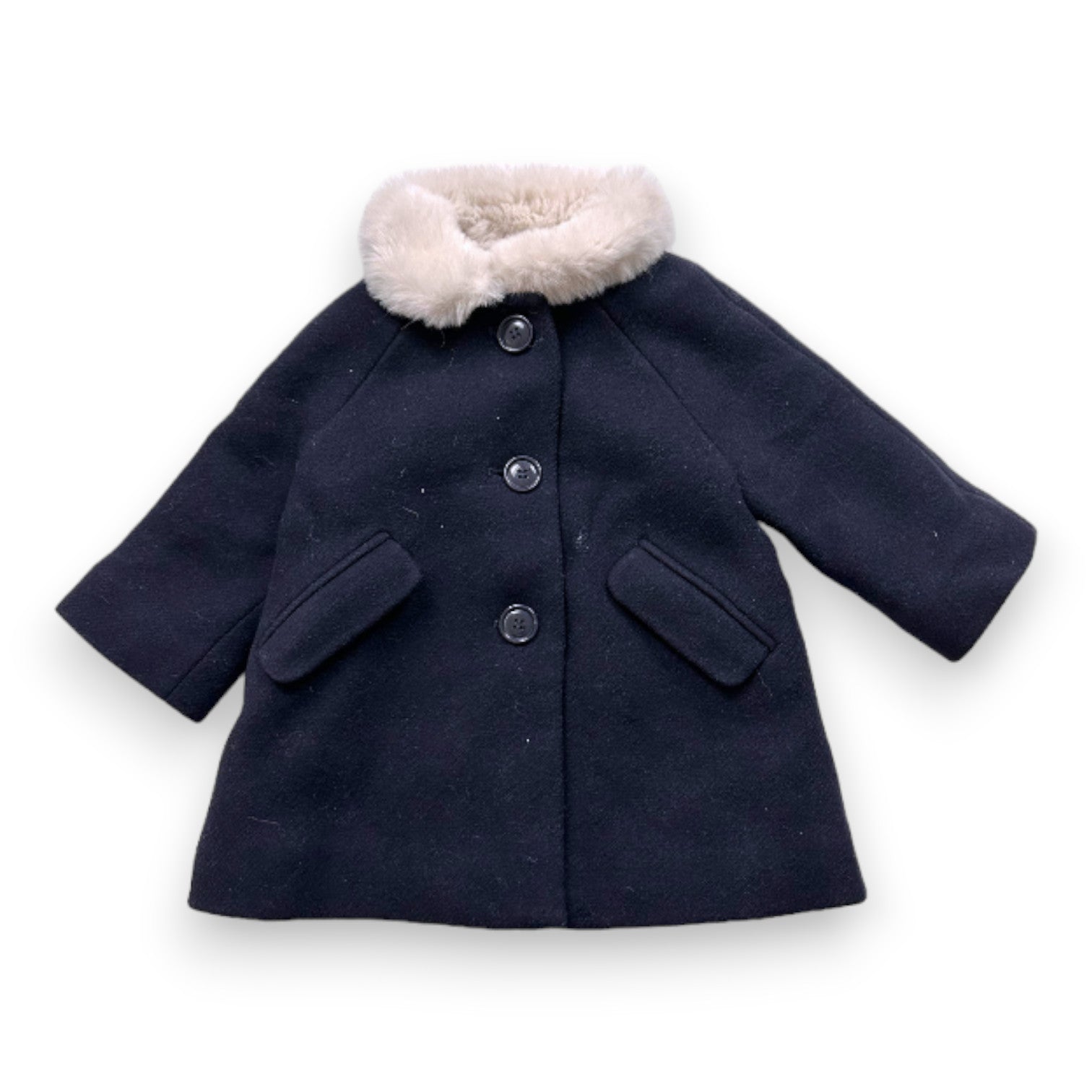 JACADI - Manteau bleu marine en laine et col fausse fourrure - 12 mois