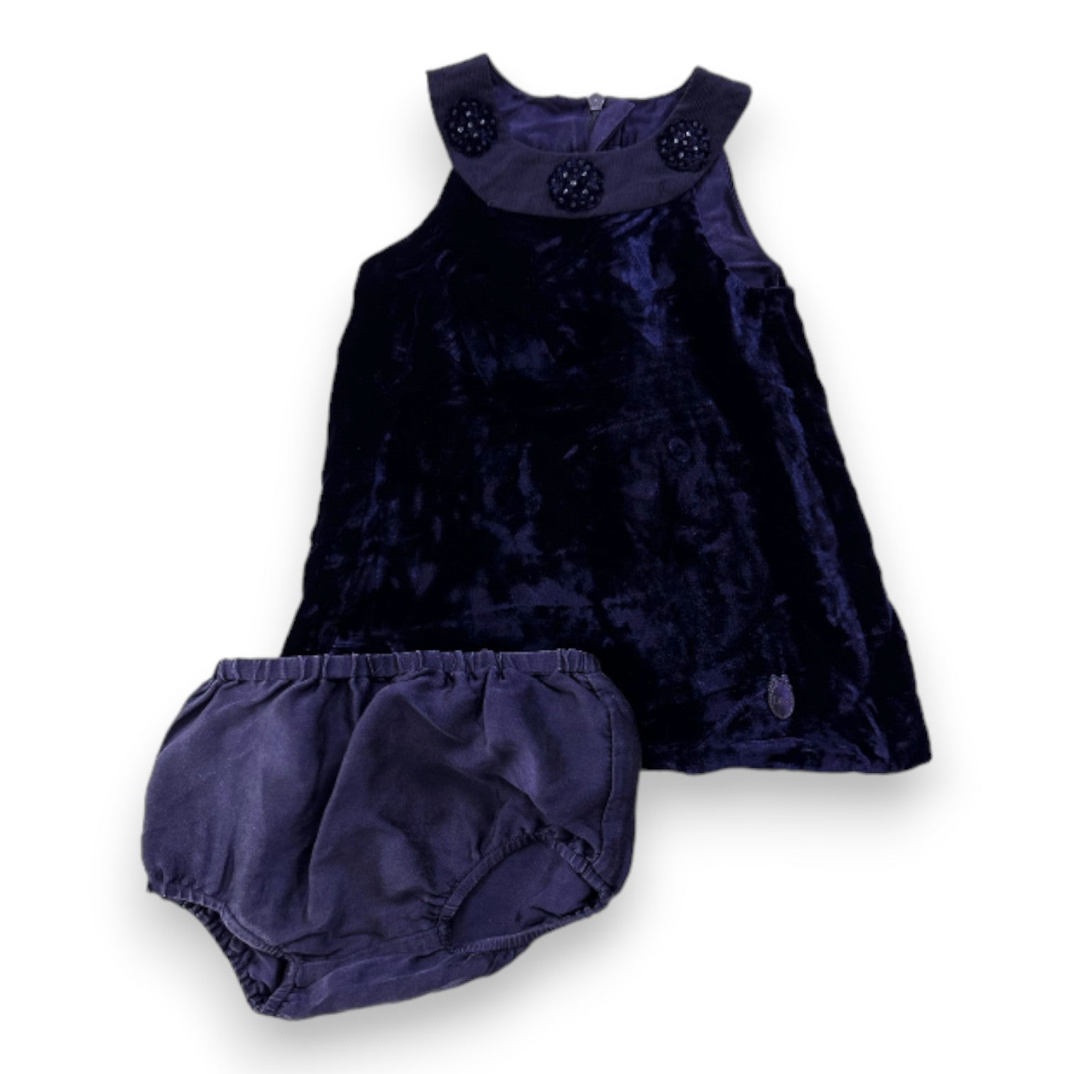 BABY DIOR - Ensemble robe en velours et bloomer bleu marine en soie - 3 mois