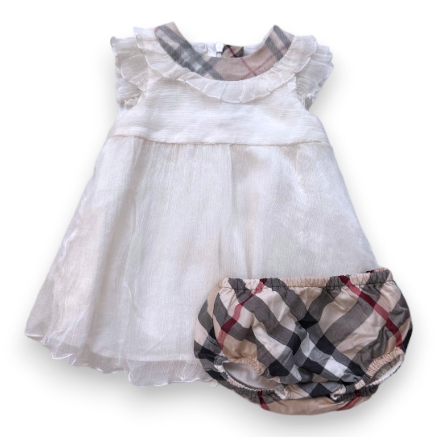 BURBERRY - Ensemble robe blanche en soie et bloomer check burberry - 3 mois