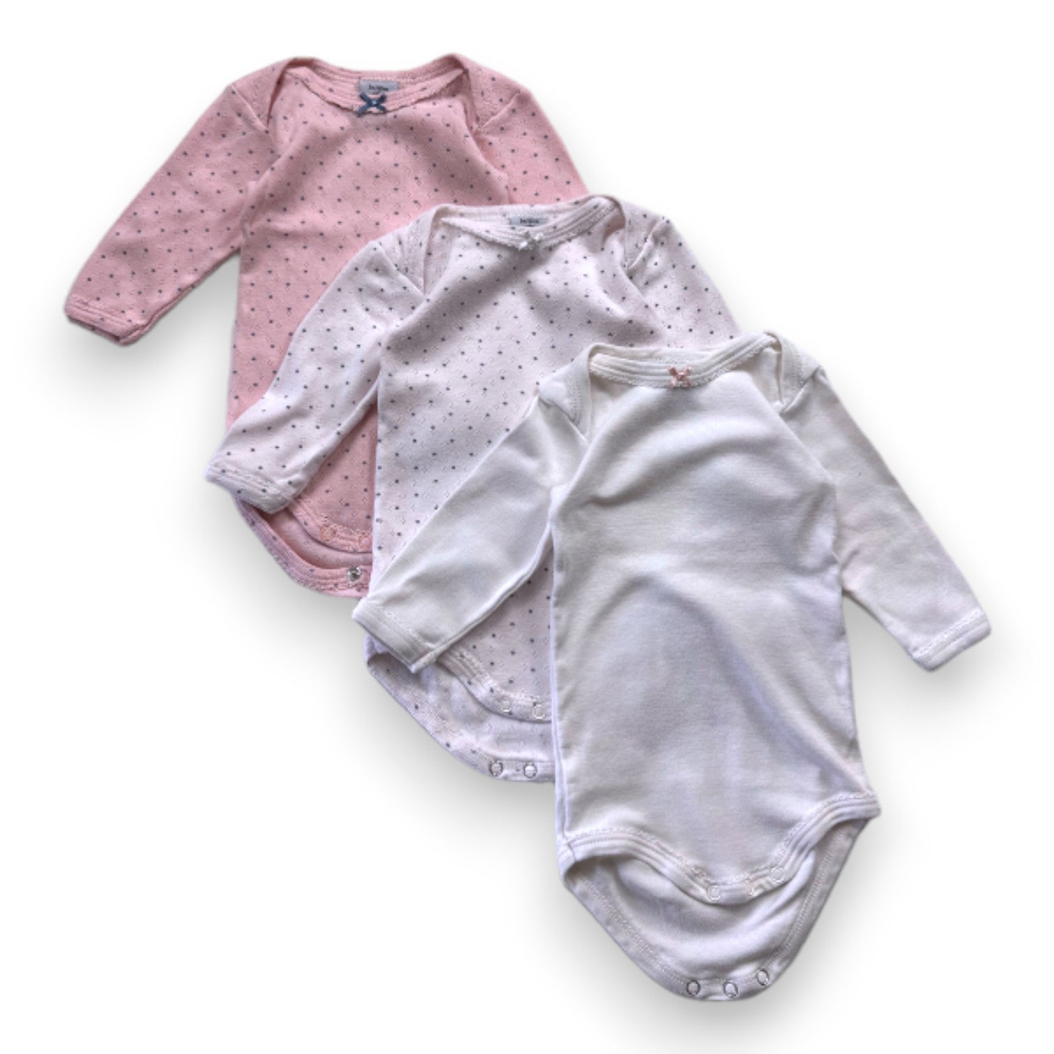 PETIT BATEAU - Lot de 3 bodies roses et blancs à manches longues - 3 mois