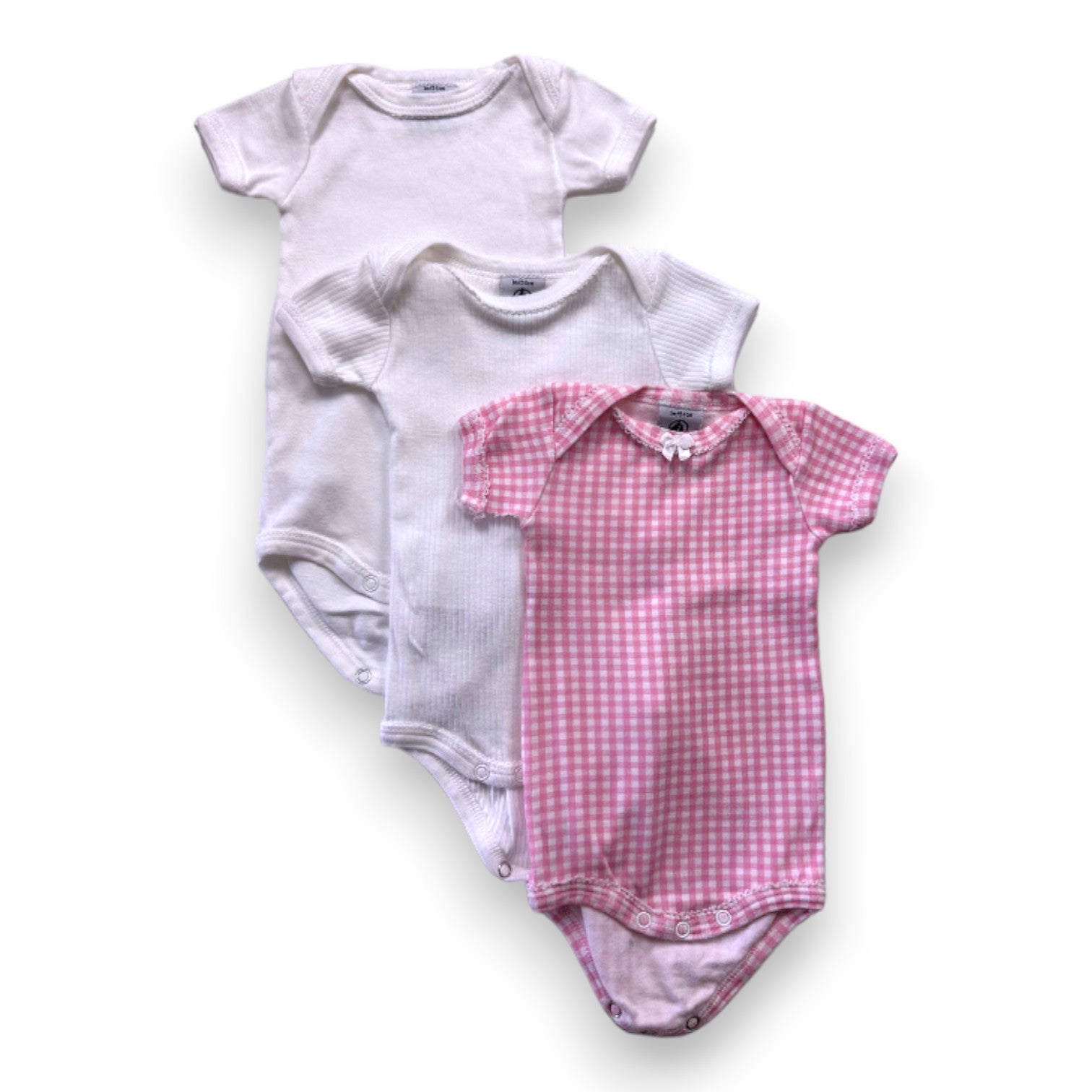 PETIT BATEAU - Lot de 3 bodies blancs et roses à manches courtes - 1 mois