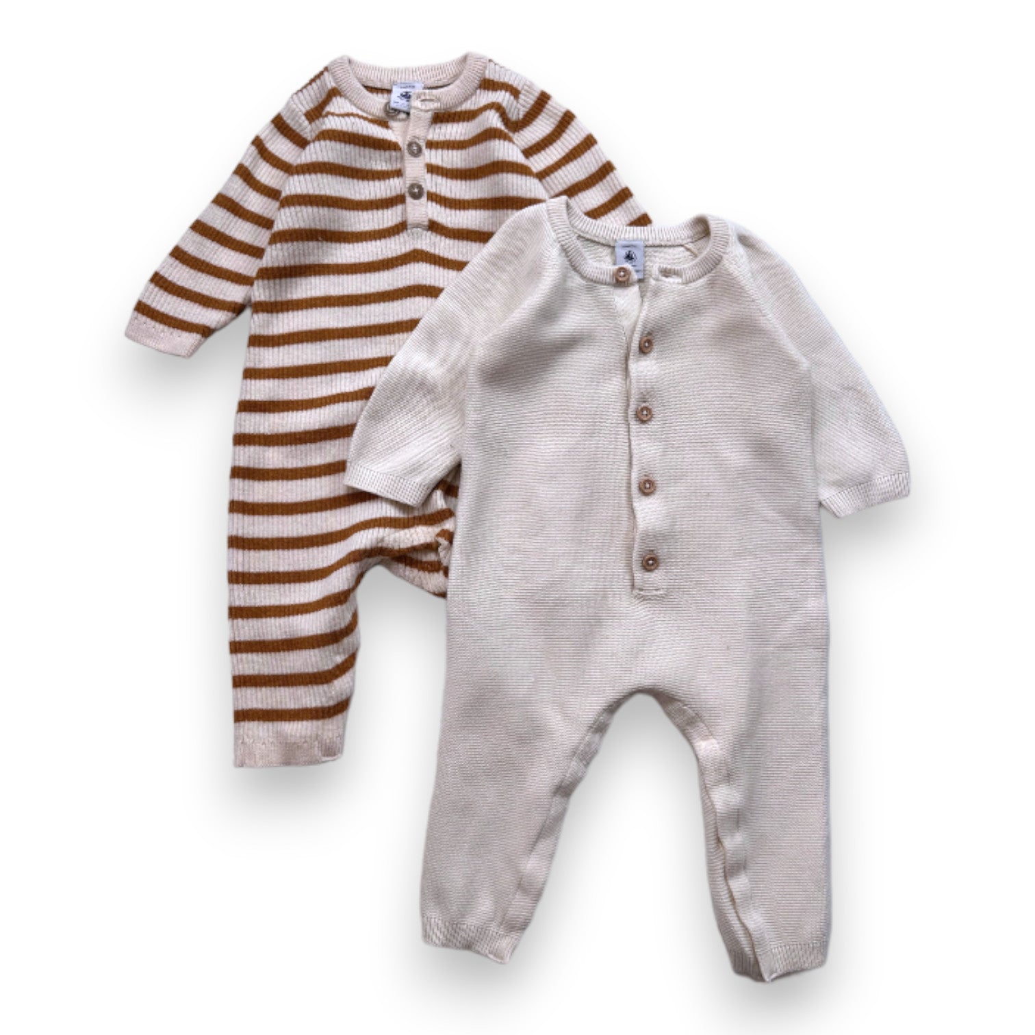 PETIT BATEAU - Lot de 2 combinaisons beige et marron - 6 mois