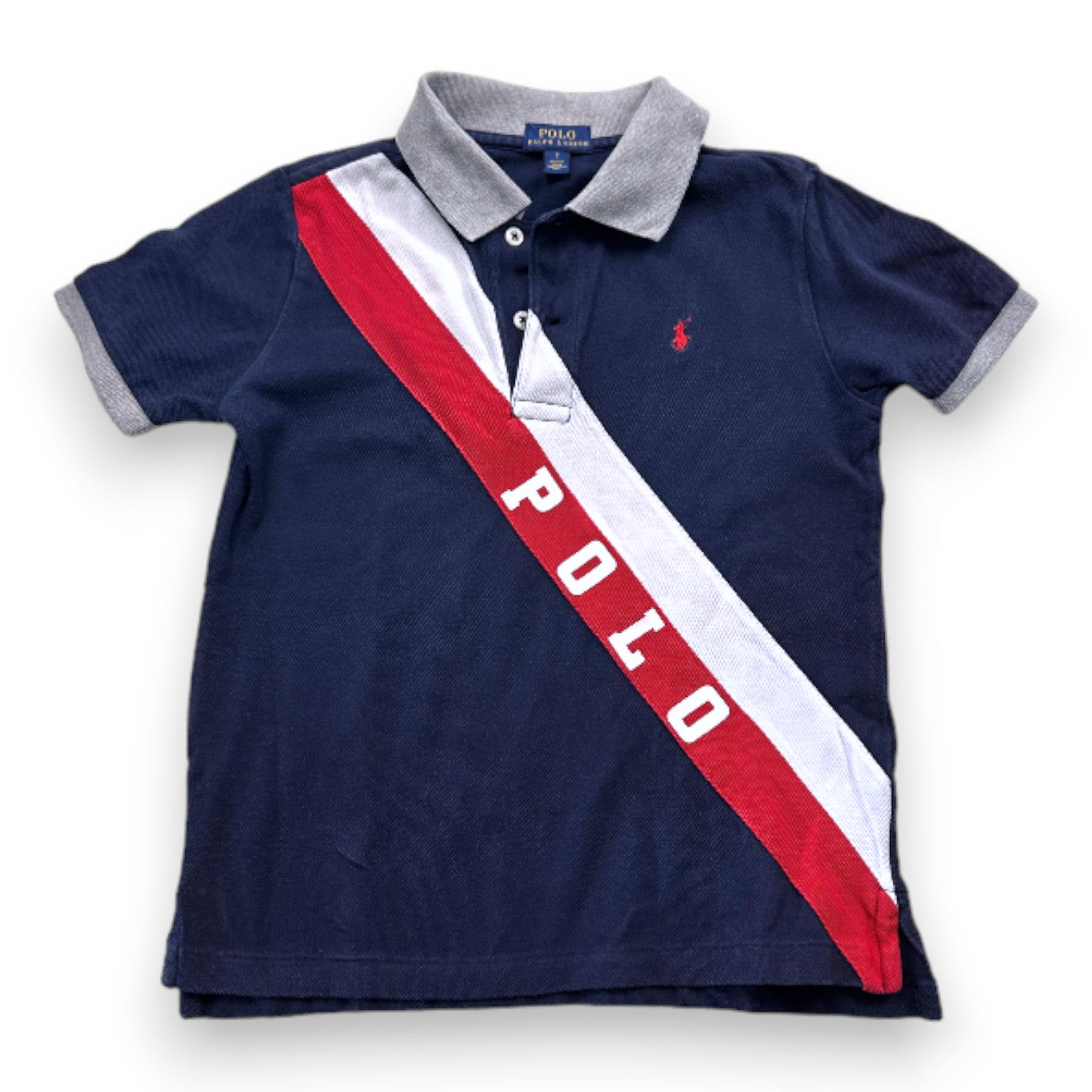 RALPH LAUREN - Polo à manches courtes bleu blanc et rouge - 7 ans