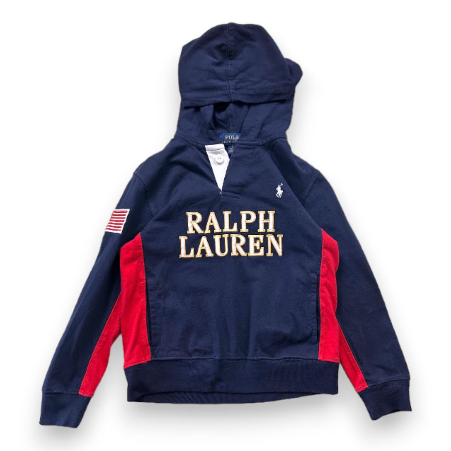 RALPH LAUREN - Polo bleu et rouge avec broderies à manches longues avec capuche - 5 ans