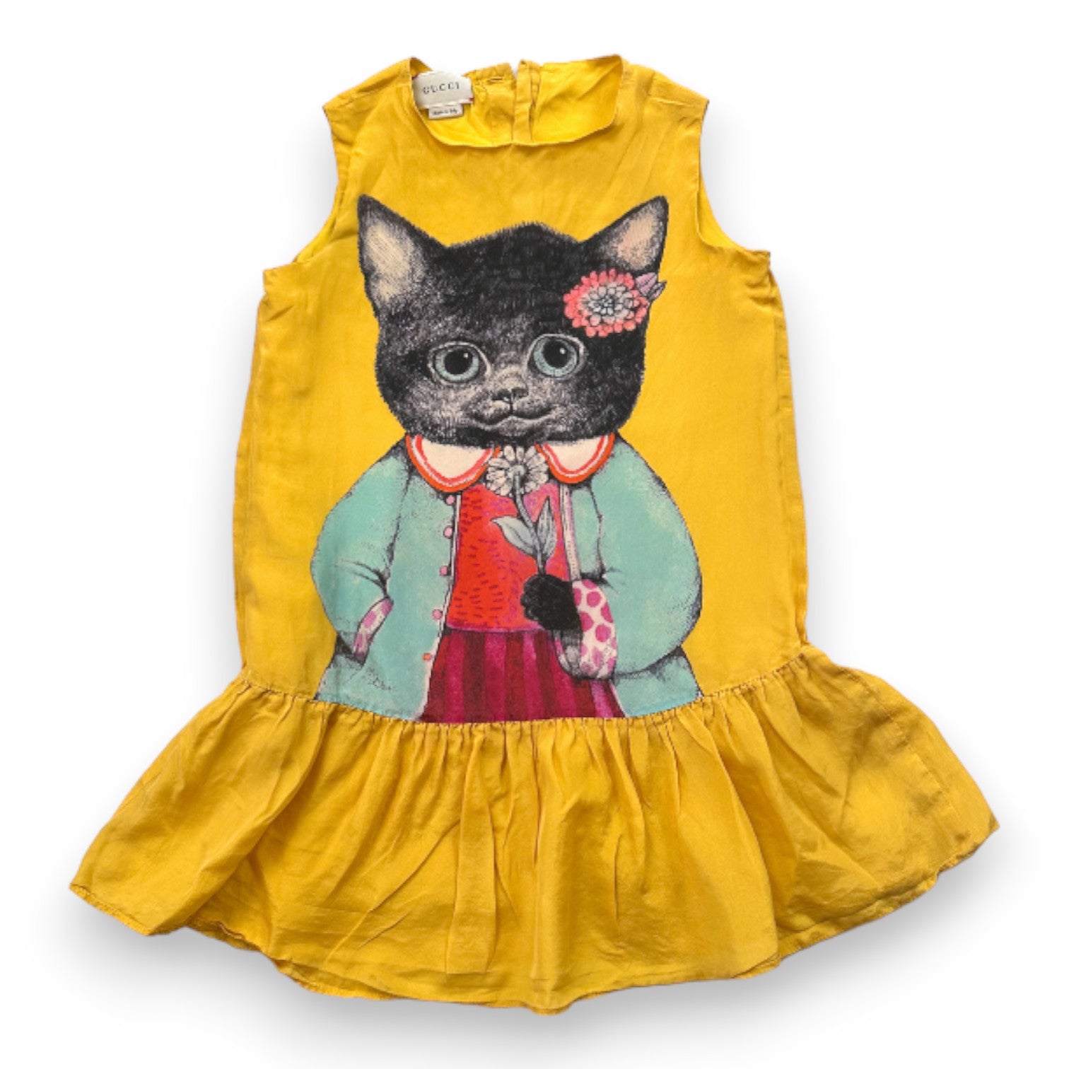 GUCCI - Robe en soie jaune avec imprimé chat - 6 ans