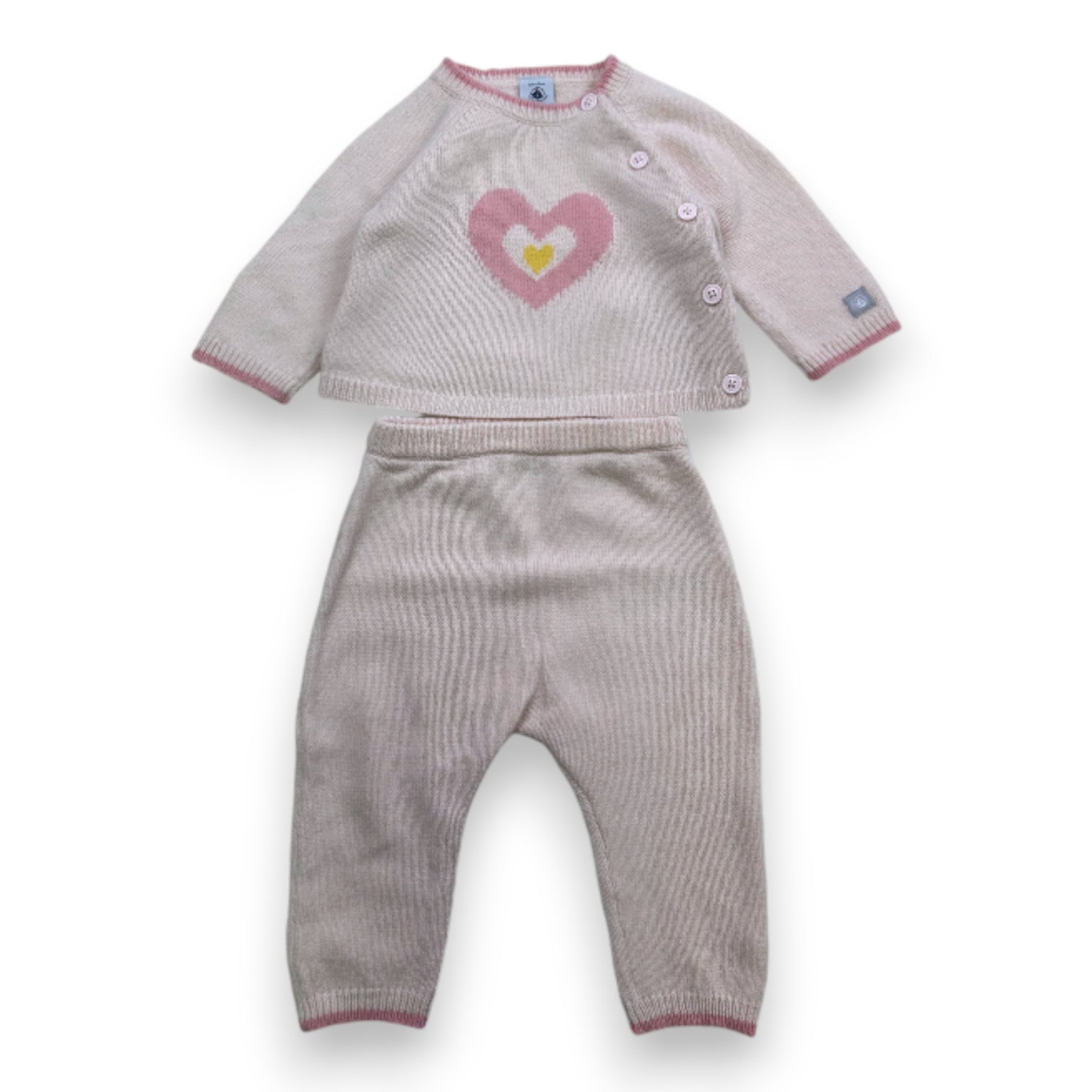 PETIT BATEAU - Ensemble pull et pantalon rose en laine - 6 mois