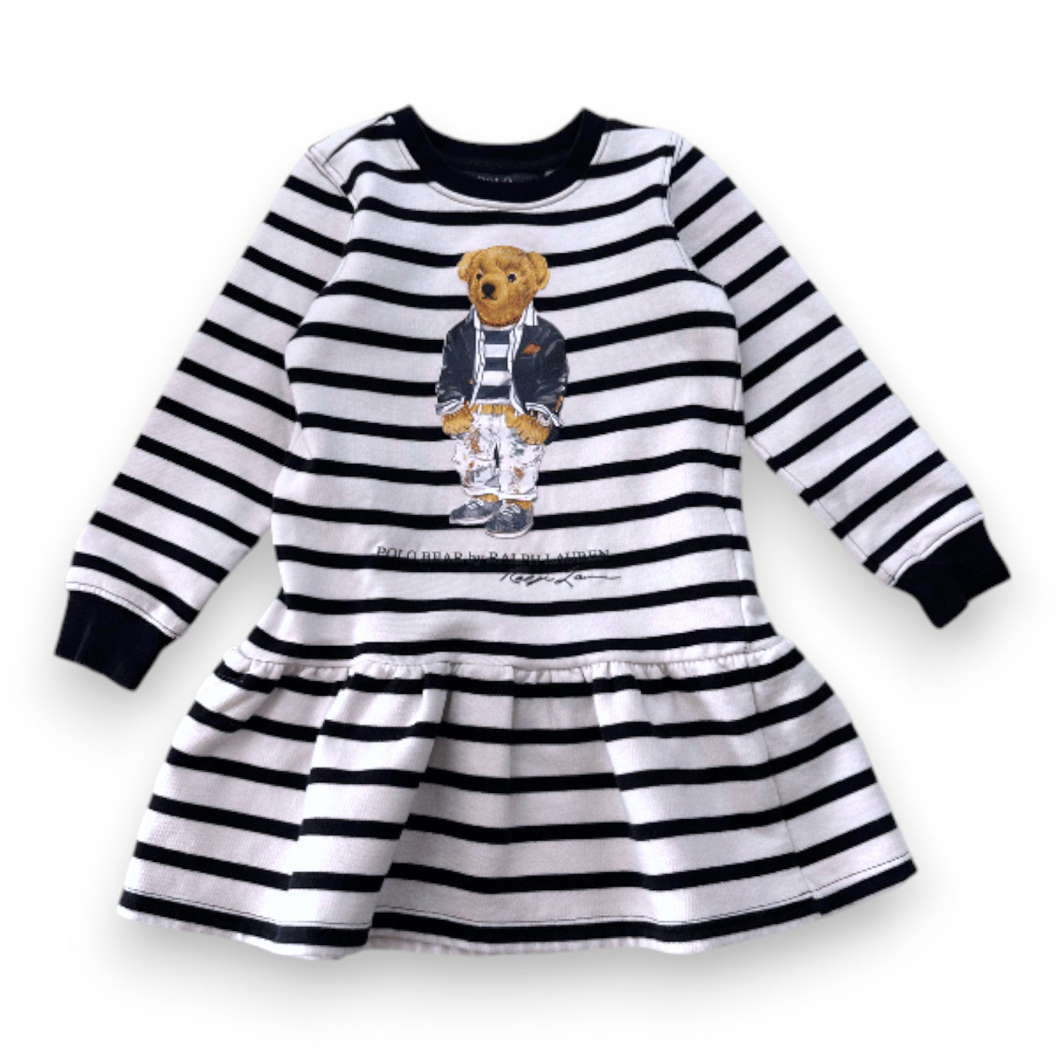 RALPH LAUREN - Robe blanche à rayures noires avec imprimé ours - 3 ans