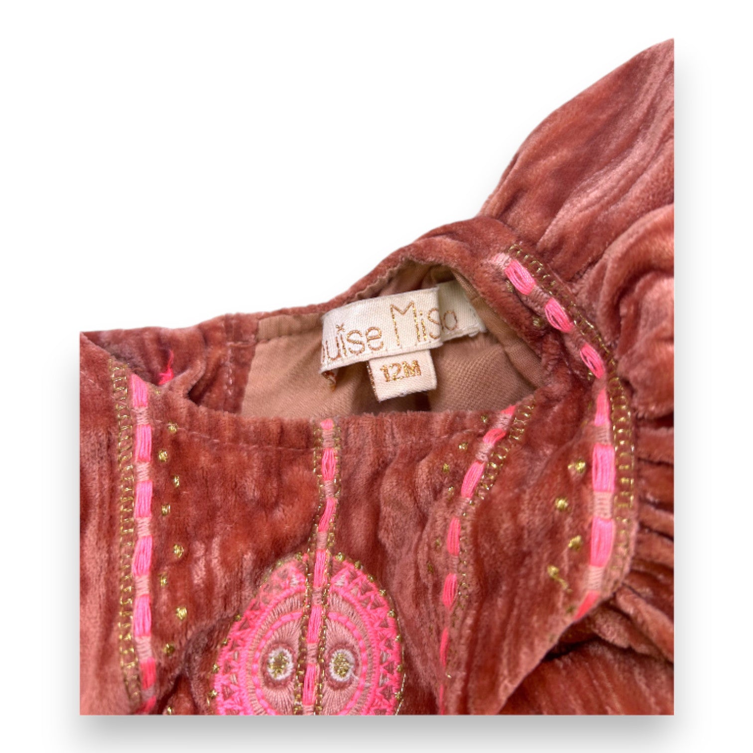 LOUISE MISHA - Barboteuse rose en velours avec broderies - 12 mois