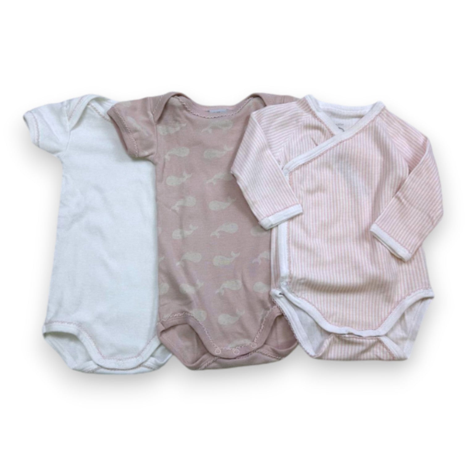 PETIT BATEAU - Lot de 3 bodies roses et blancs - 6 mois