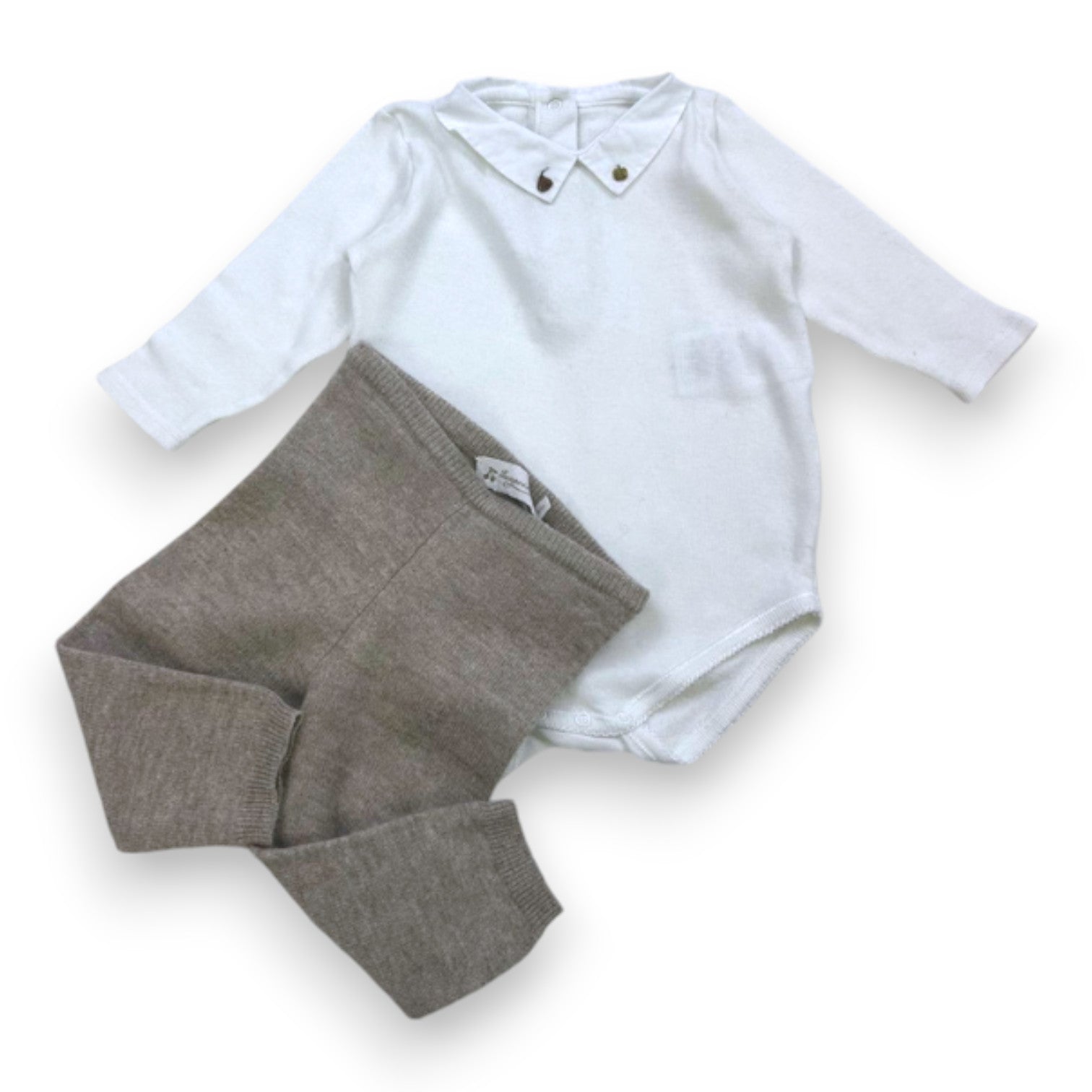 BONPOINT - Ensemble body blanc et legging en laine marron - 6 mois