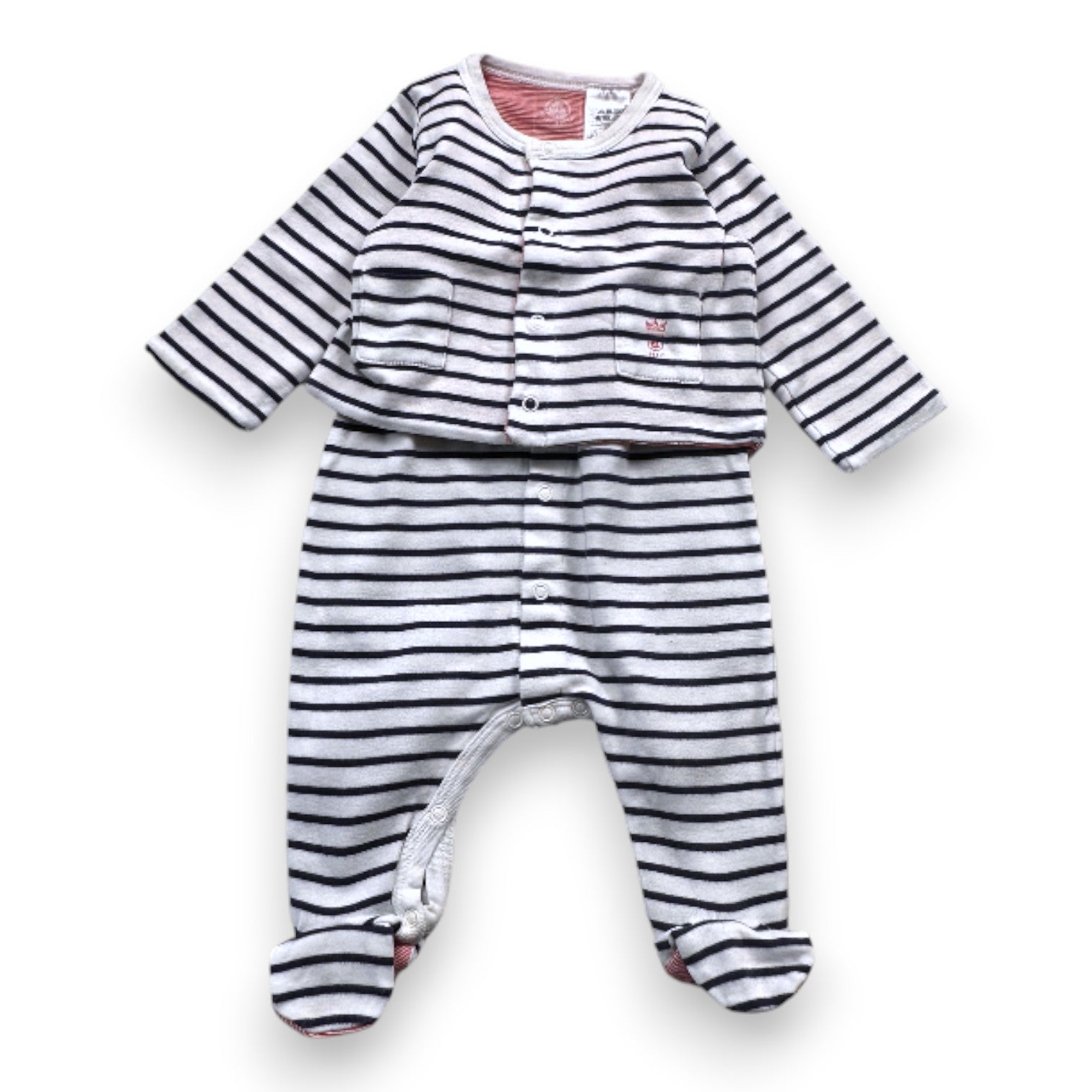 PETIT BATEAU - Ensemble combinaison et gilet blanc et bleu à rayures - 1 mois