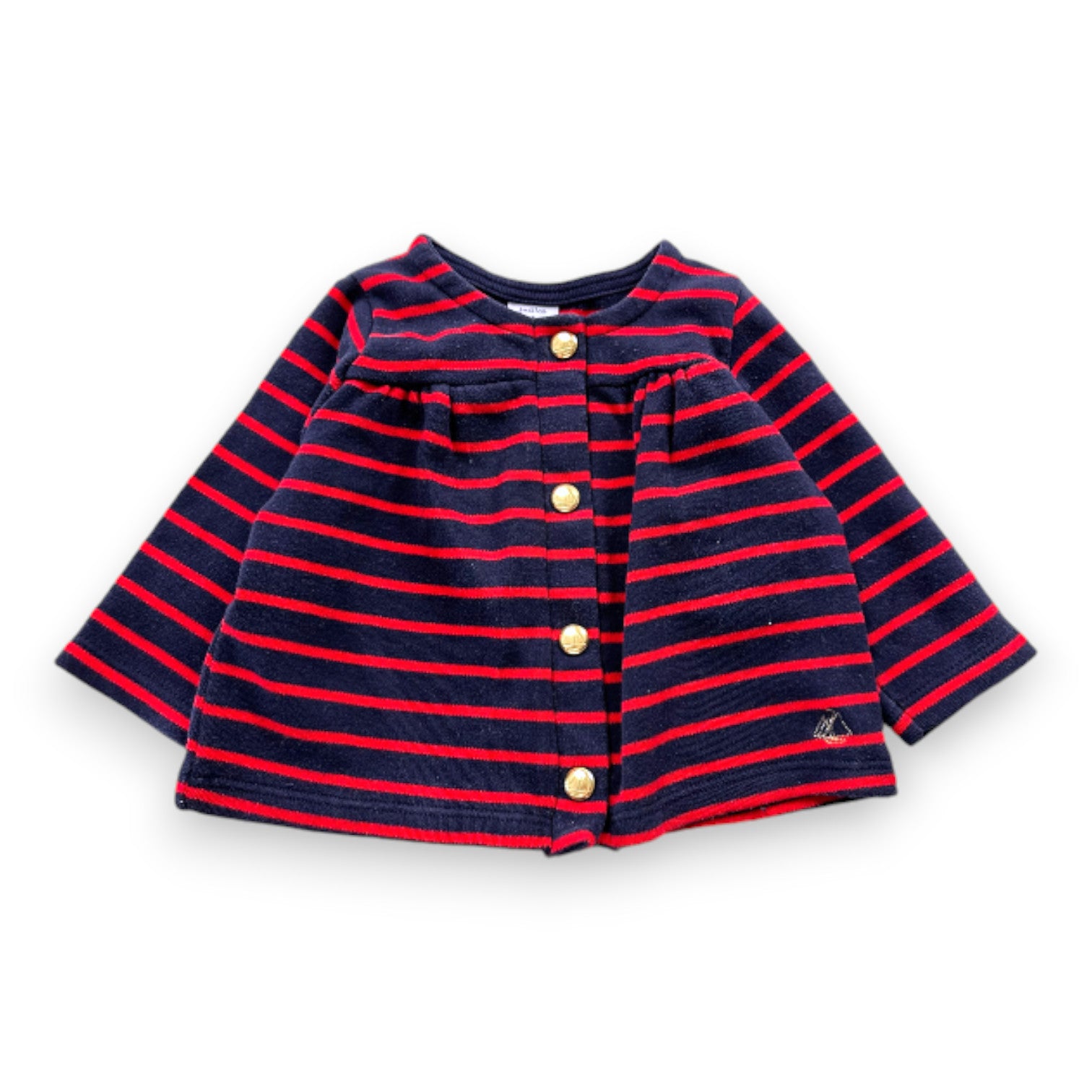 PETIT BATEAU - Gilet bleu marine et rouge à rayures - 6 mois