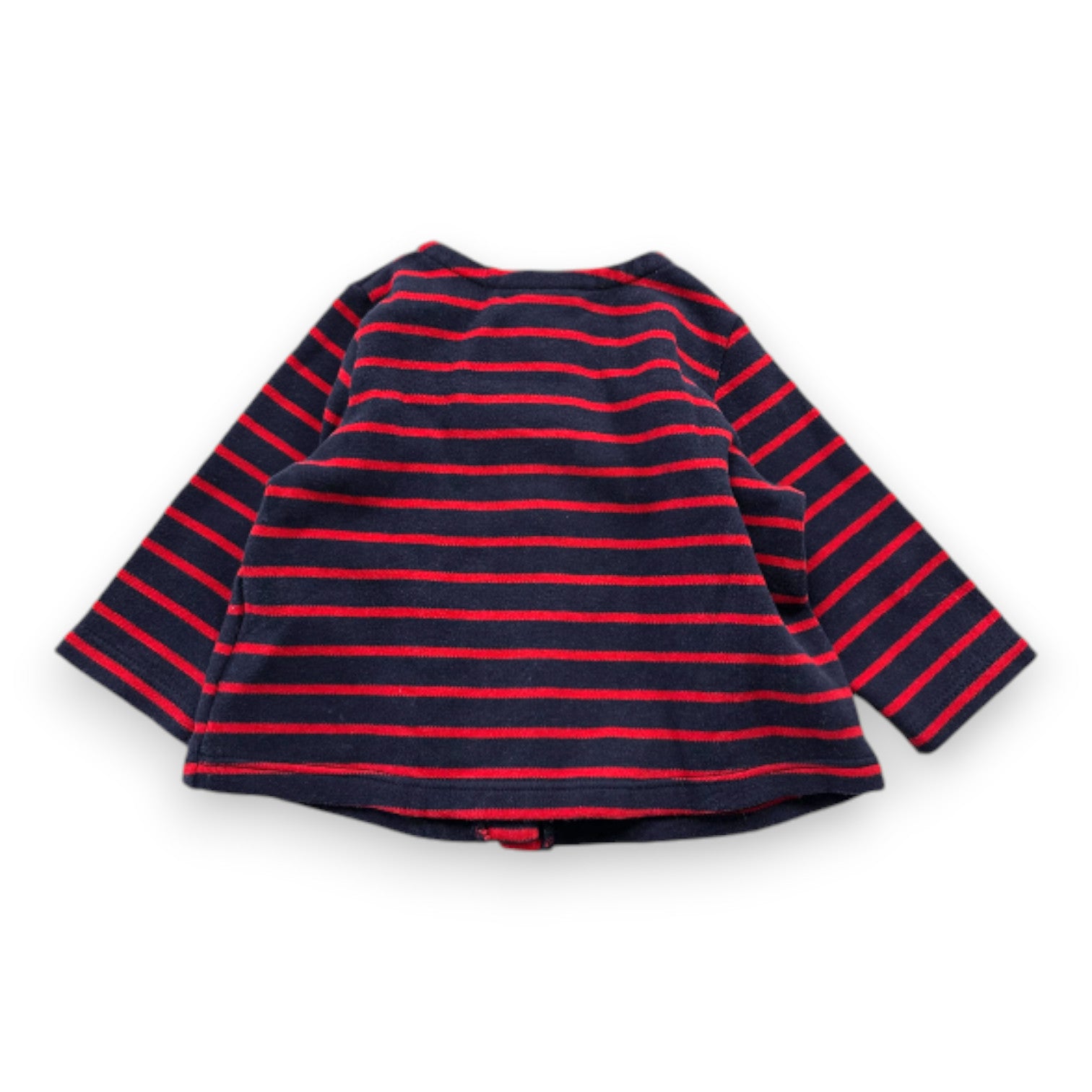 PETIT BATEAU - Gilet bleu marine et rouge à rayures - 6 mois