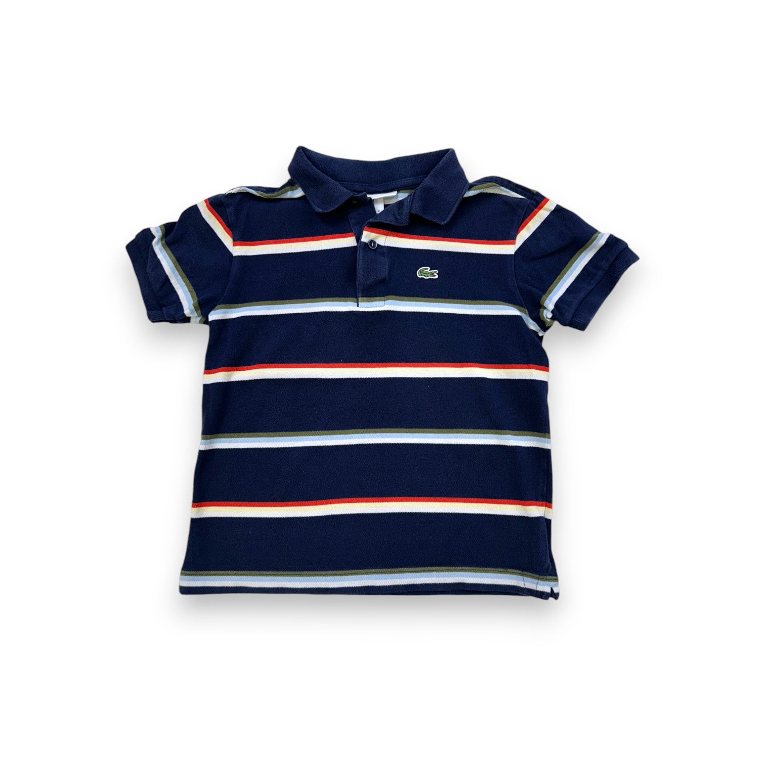 LACOSTE - Polo à manches courte rayé bleu marine - 8 ans