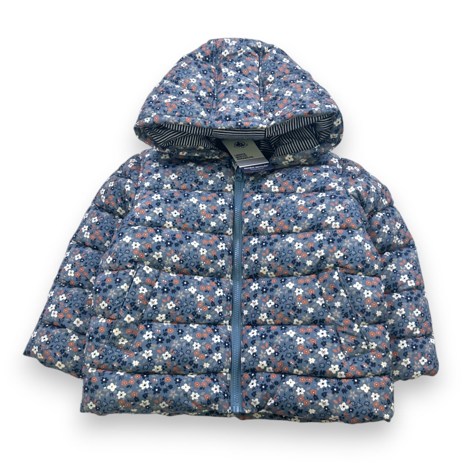 PETIT BATEAU - Doudoune fleurie bleue neuve - 2 ans