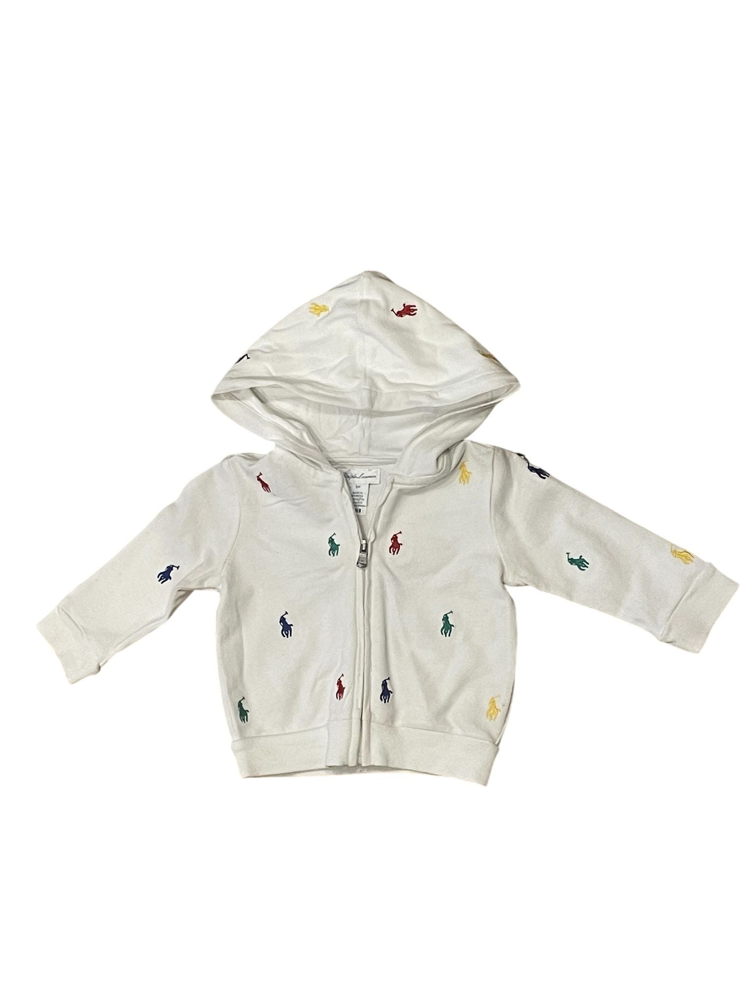 RALPH LAUREN - Sweat à capuche zippé blanc avec logo brodé - 6 mois