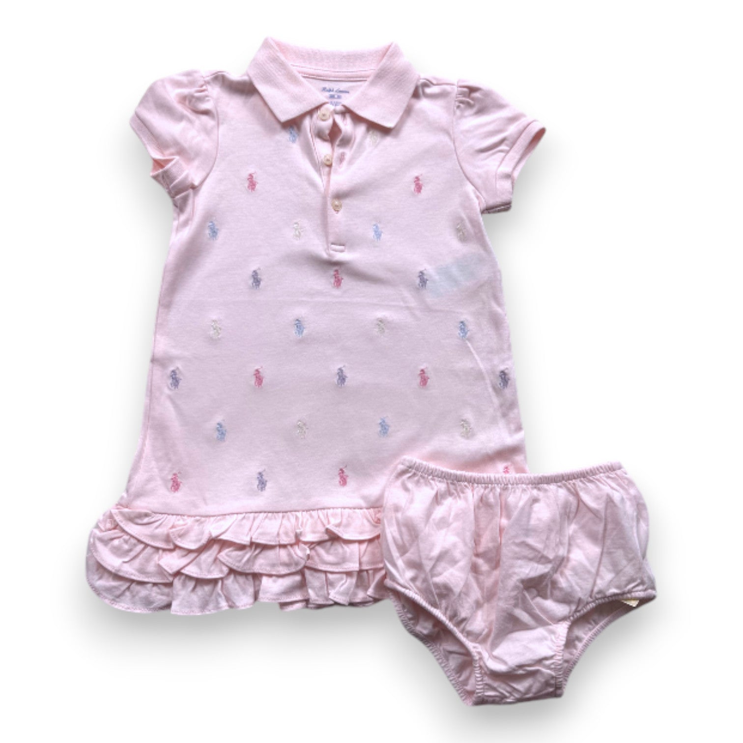 RALPH LAUREN - Ensemble robe rose avec broderies et bloomer - 2 ans