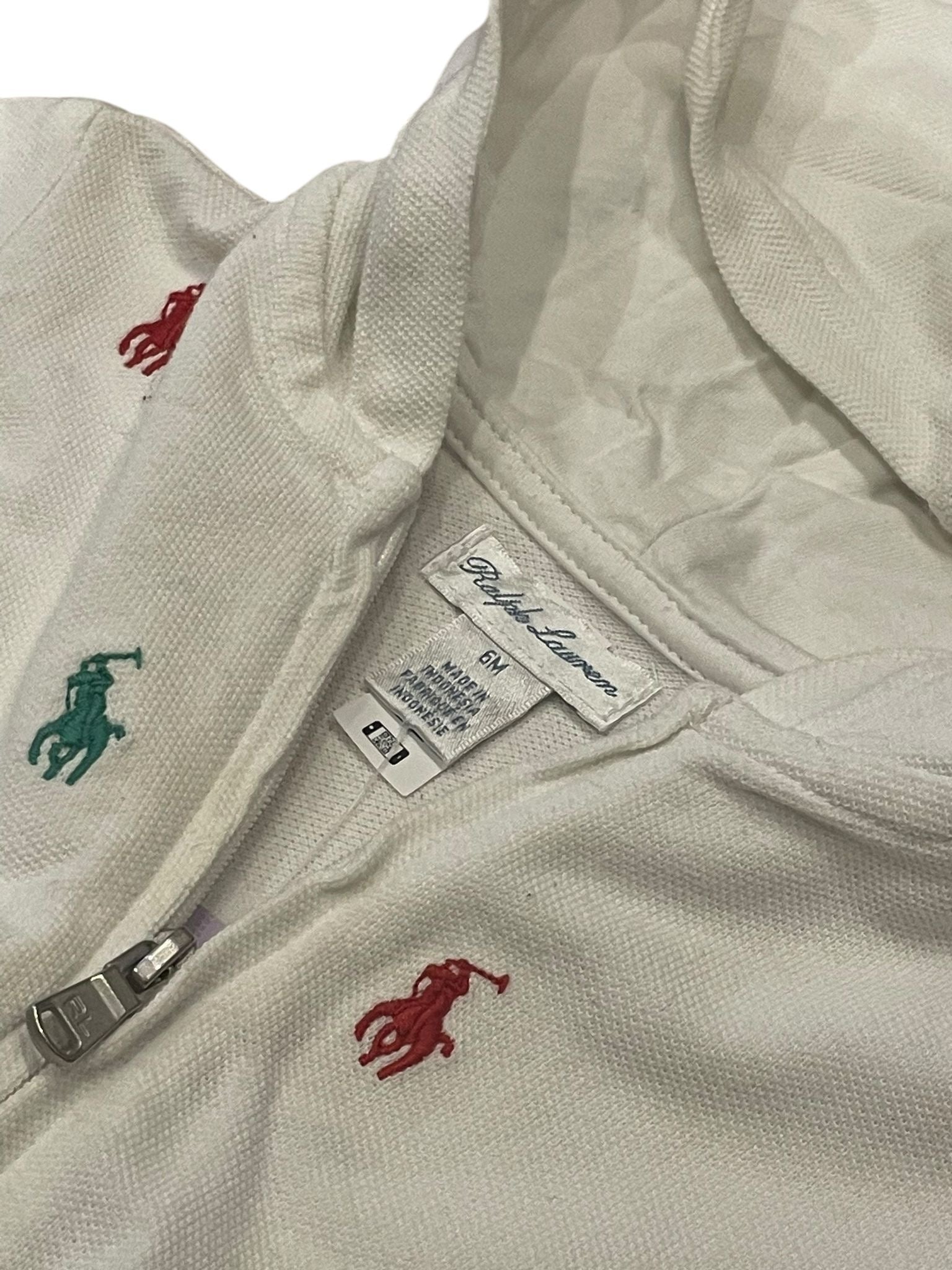 RALPH LAUREN - Sweat à capuche zippé blanc avec logo brodé - 6 mois